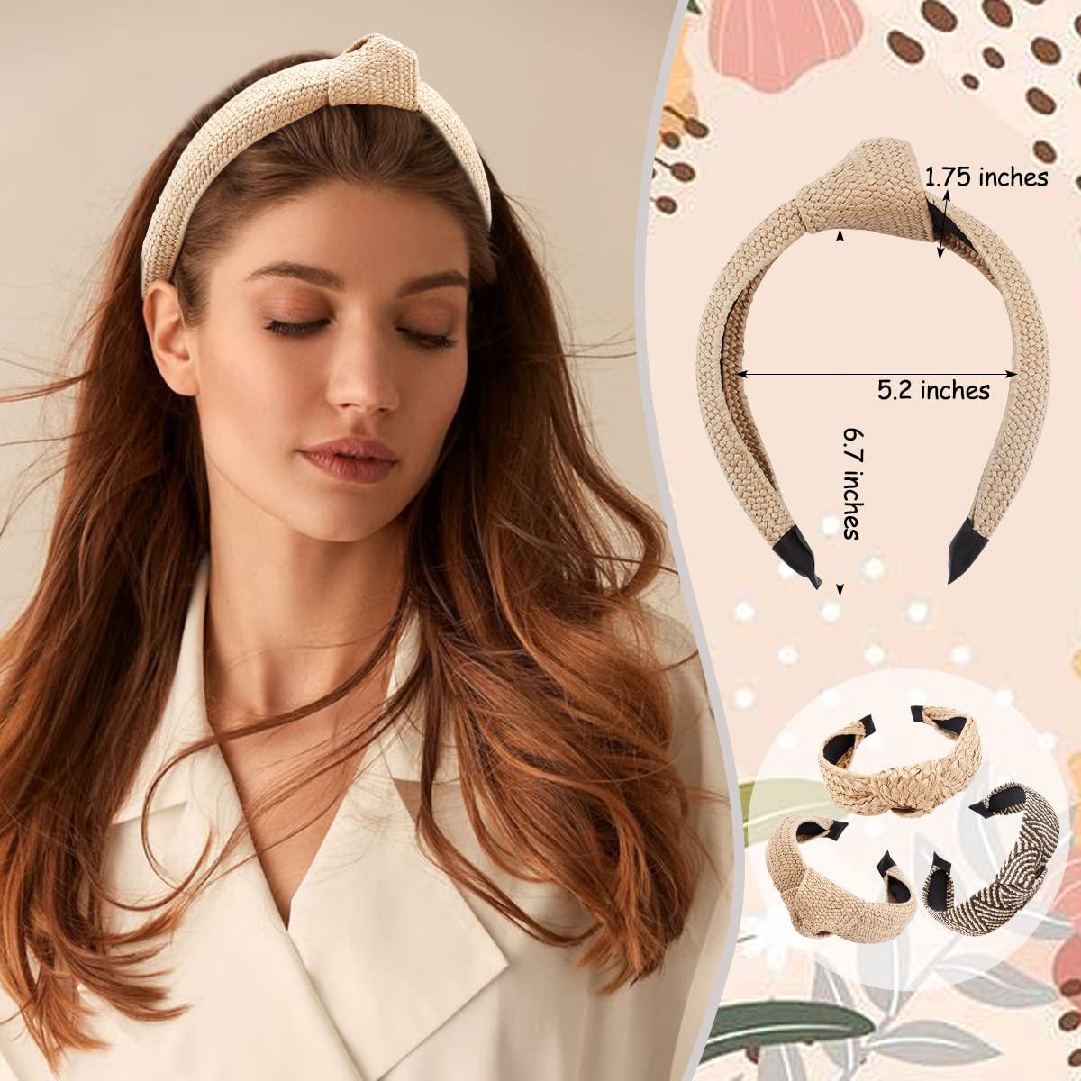 Tobatoba Straw Headband For Women, 3Pcs Top Knot Headband, Summer Beach Headbands, Raffia / Rattan Headband, Boho Woven Headband