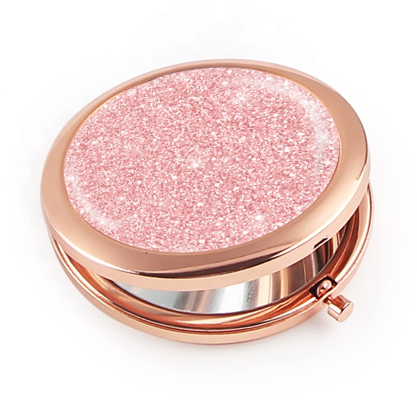 Iampanda Compact Rose Gold Mirror For Women,Round Mini Pocket Makeup Mirror For Purse,Rose Gold Glitter Portable Folding Travel