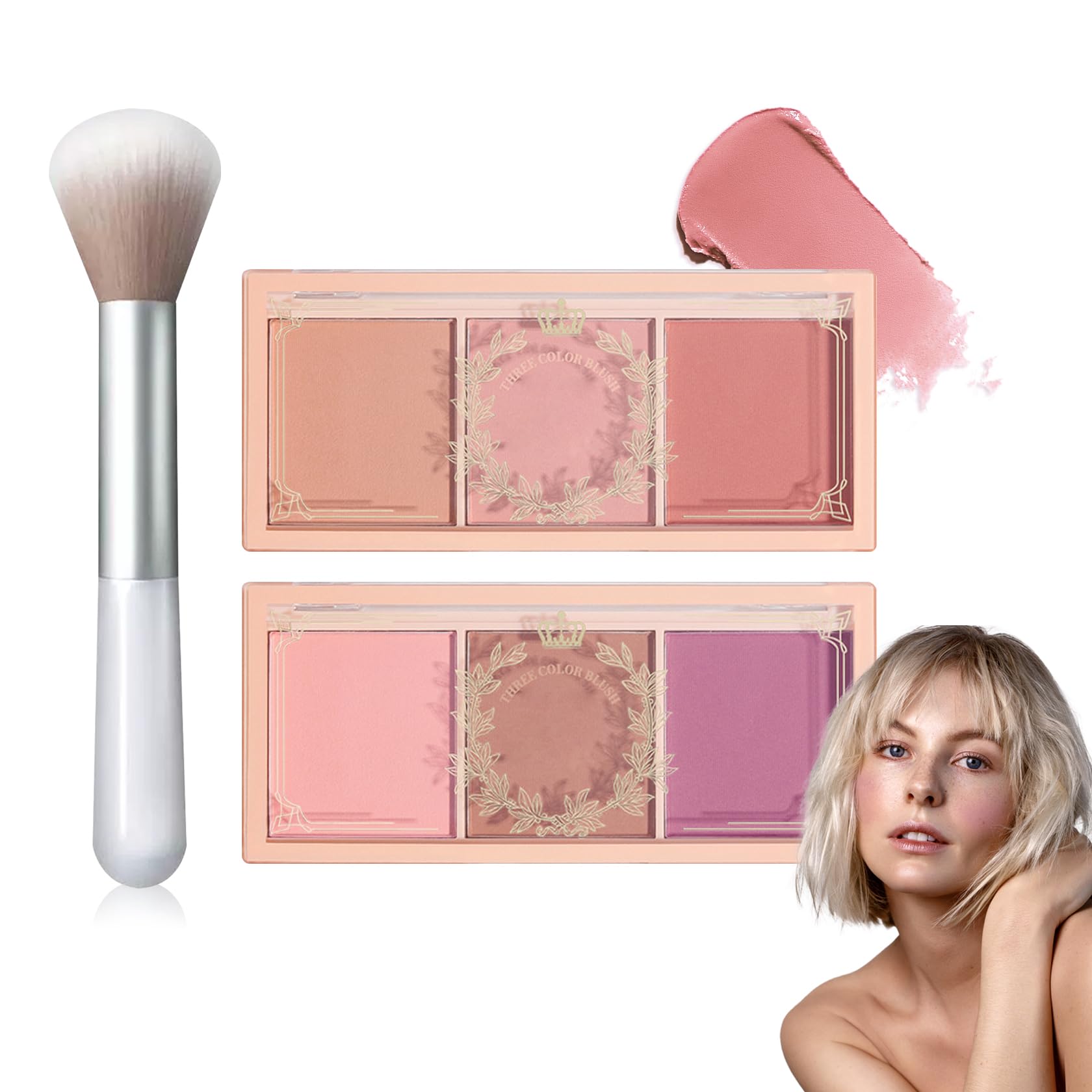 2Pcs 3 Colors Blush Palette,Matte Contour Makeup Blush for Cheeks,Waterproofing Highly Pigmented Face Cheek Blusher with Make Up