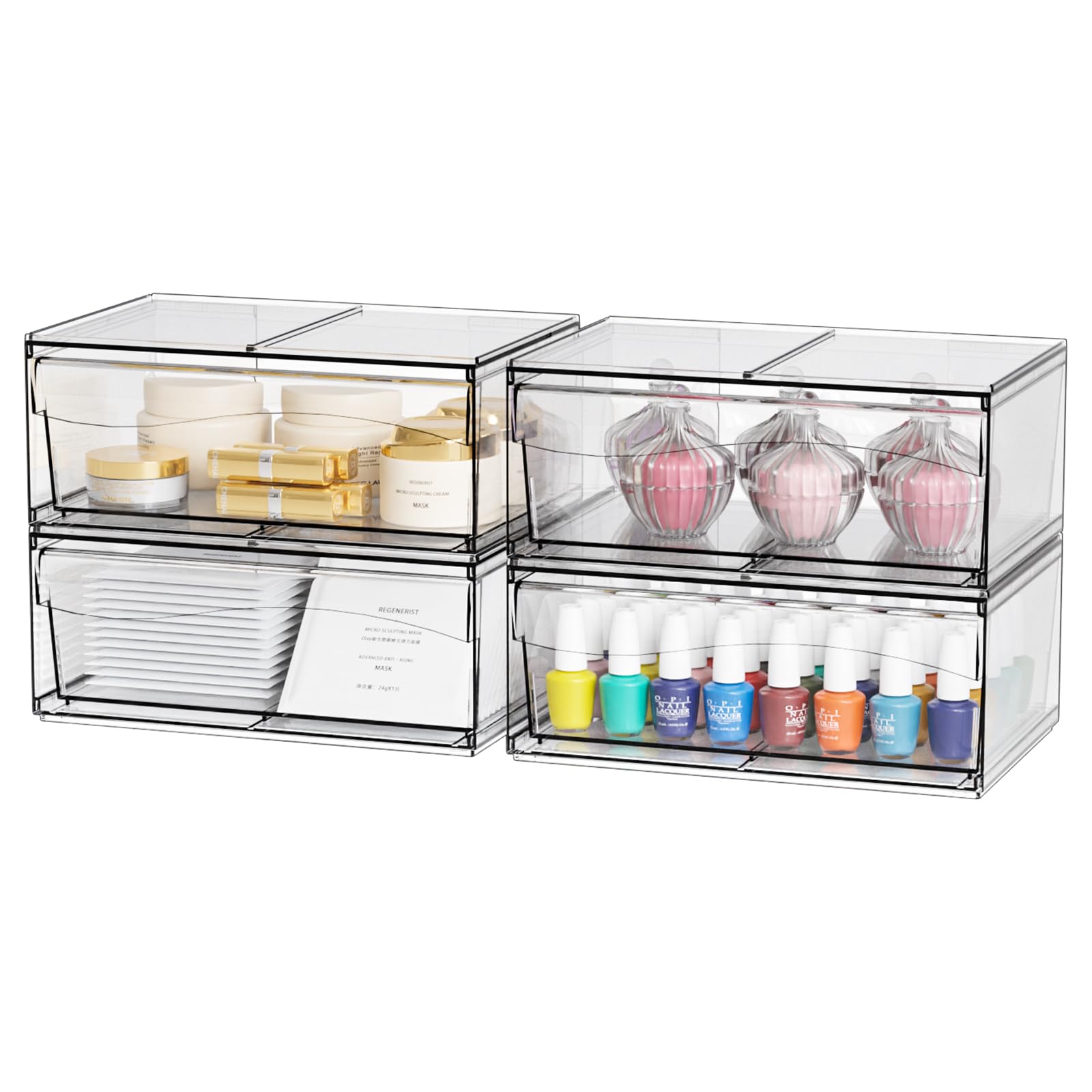 4 Pack Clear Stackable Storage Drawers,12W Large Bathroom Makeup Organizer and Pen,Sunglass,Medicine,Baby Bottle Organizer,Plast