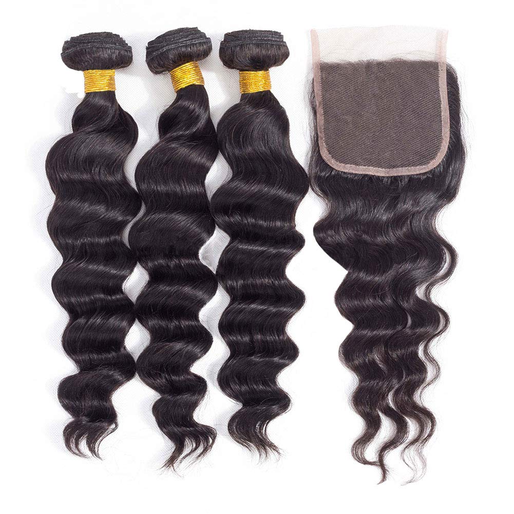 12A Grade Brazilian Virgin Hair Loose Wave 3 Bundles With Closure (12 14 16+10''Closure) 100% Unprocessed Virgin Brazilian Remy