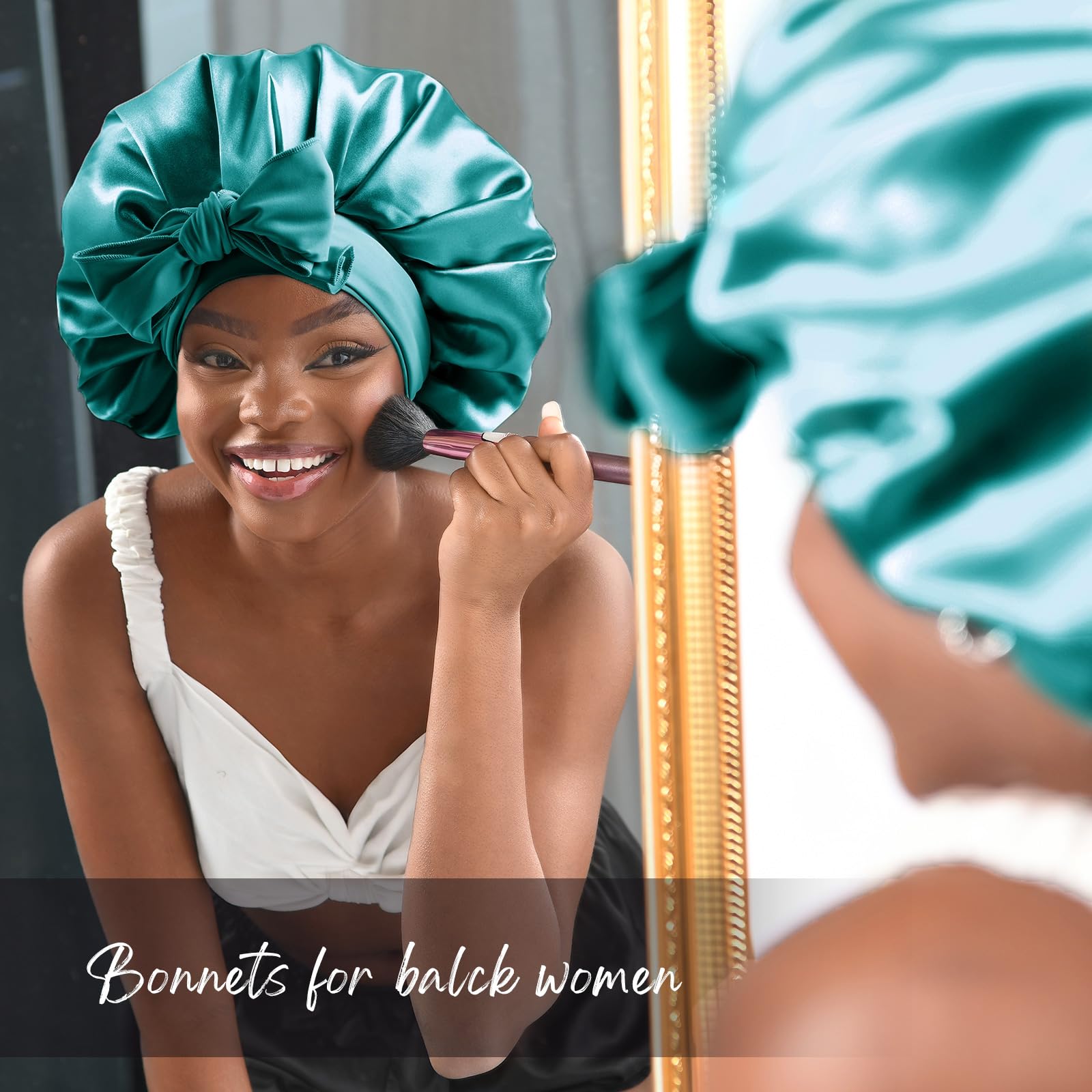YANIBEST Satin Bonnet Silk Bonnet for Sleeping Double Layer Satin Lined Black Hair Bonnet with Tie Band Bonnets for Women Natura