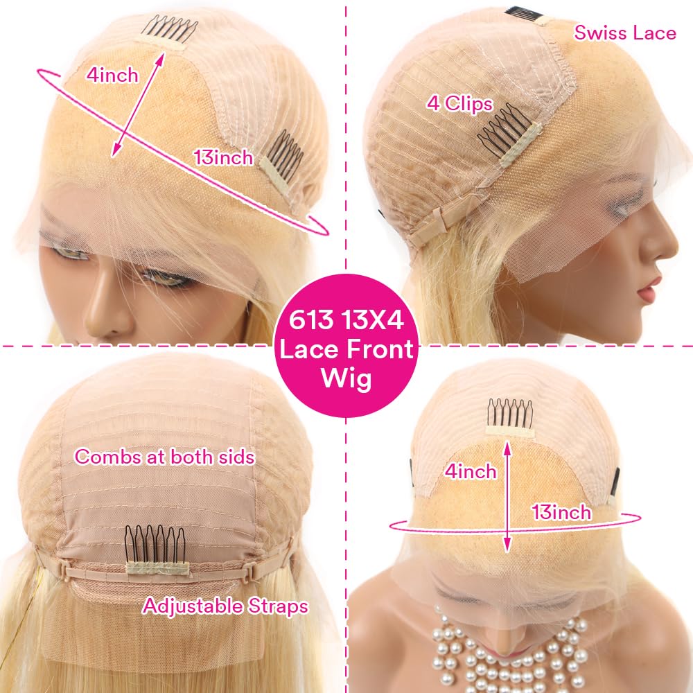 Supsyousf 28 Inch 613 Blonde Lace Front Wig Human Hair - Deep Wave, 13X4 Transparent Lace, 180 Density, Free Part, Pre-Plucked W