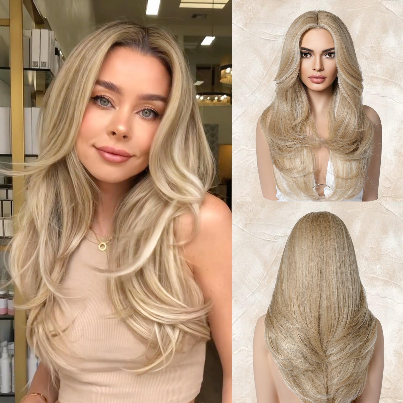 LONAI Blonde Wigs for Women 24'' Long Natural Blonde Middle Part Layered Wig Synthetic Hair Wig for Daily Use Party Cosplay