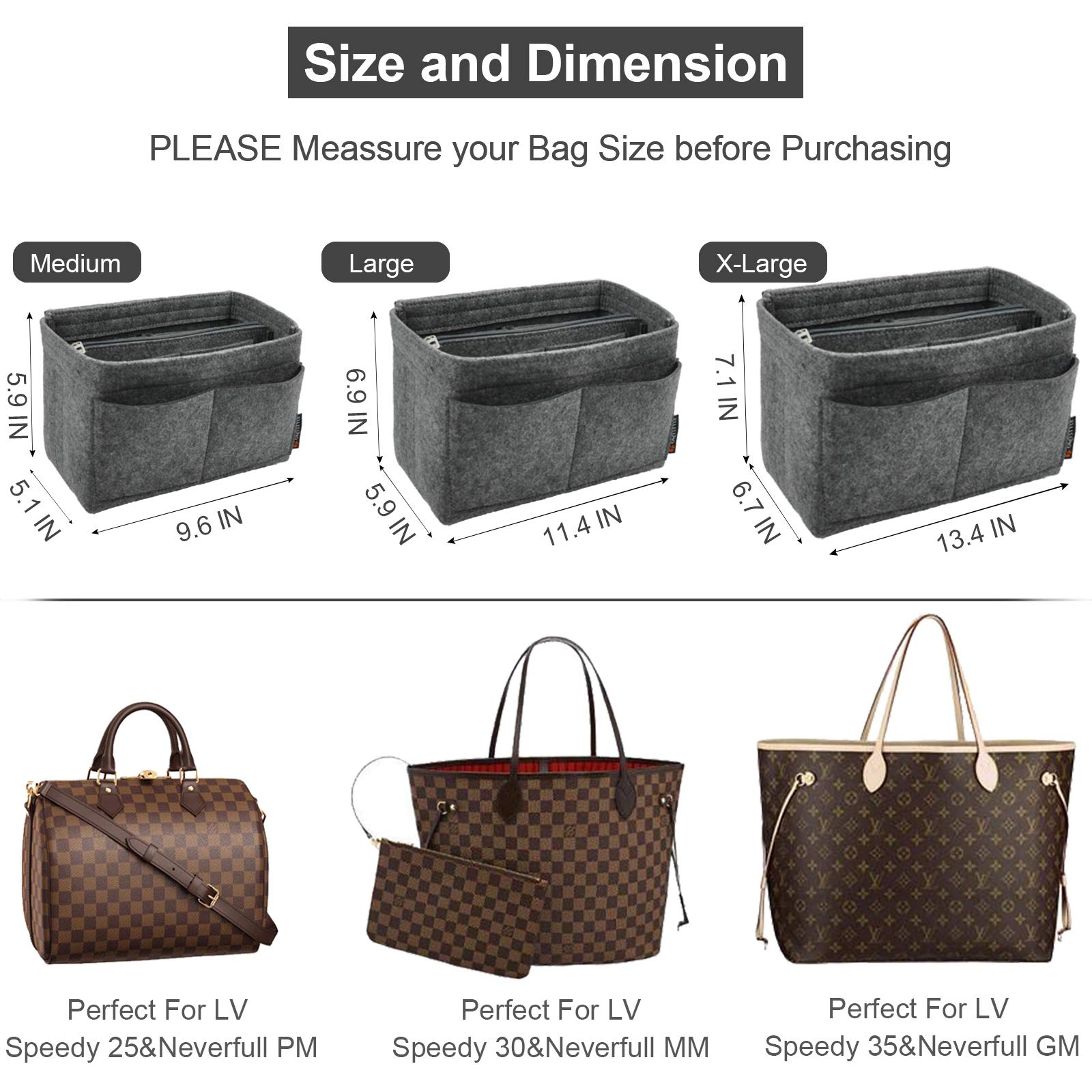 OMYSTYLE Darkgrey X-Large Purse Organizer Insert for Handbags, Felt Bag Organizer for Tote & Purse, Tote Bag Organizer Insert wi