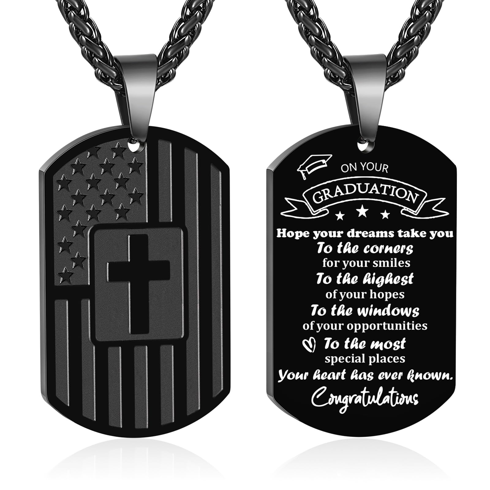 Zocomi 2026 Graduation Necklace Gifts for Boys Men Dog Tag Cross America Flag Army Pendant Chain Graduate Jewelry Kids Teen Teen