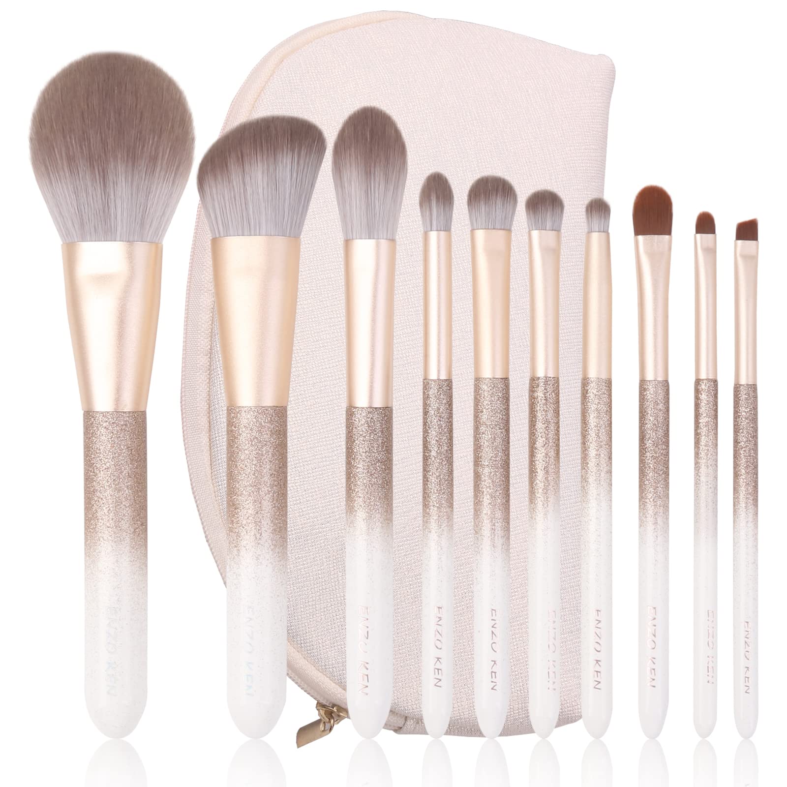 ENZO KEN Natural Hair Makeup Brush Set Professional, Fox Hair Makeup Brushes Set with Case, Glitter Make up Brushes Set Professi