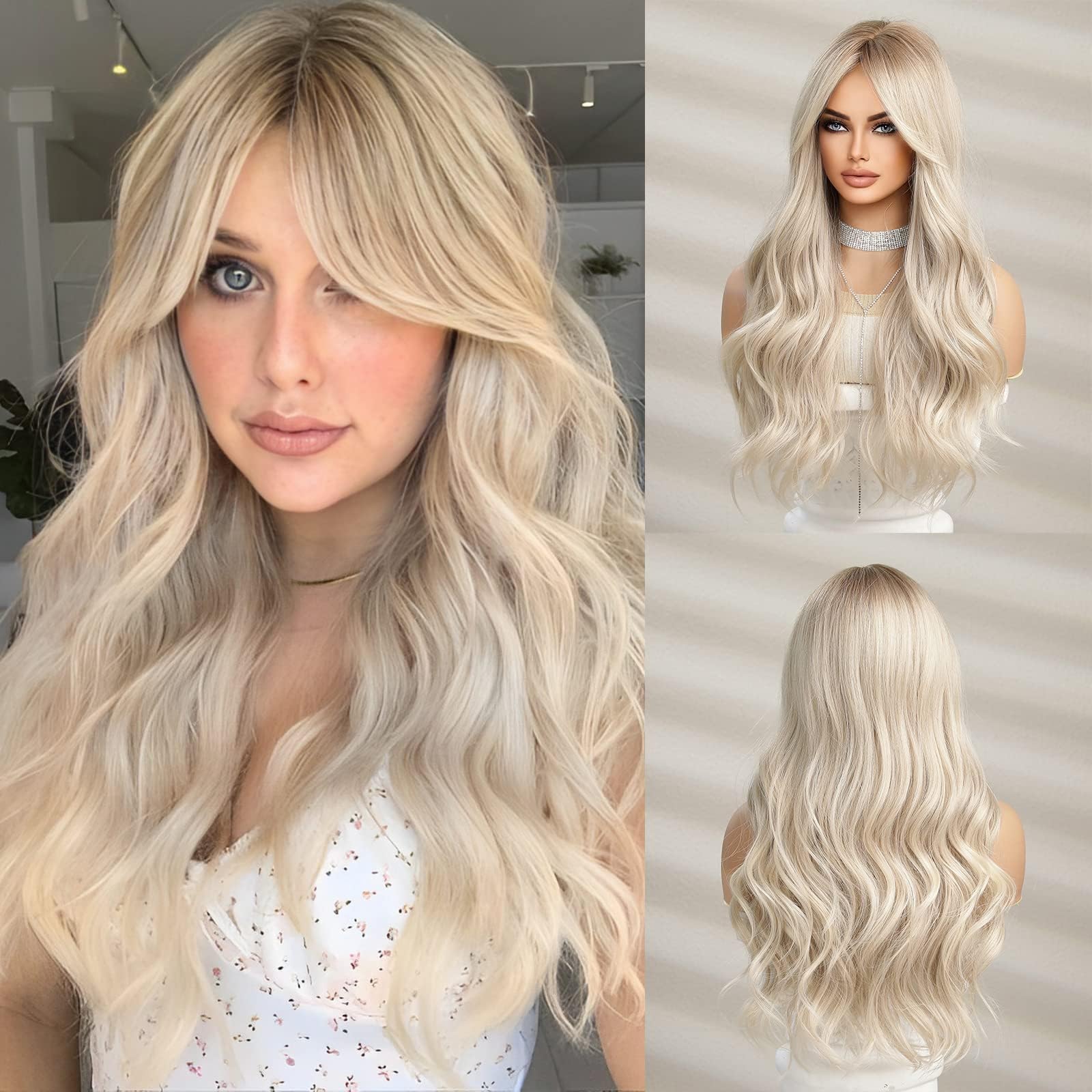 JOOLER Blonde Wig With Bangs Platinum Blonde wigs For Women Long Blonde Wig for Women Ombre Blonde Wigs with Dark Roots Natural 