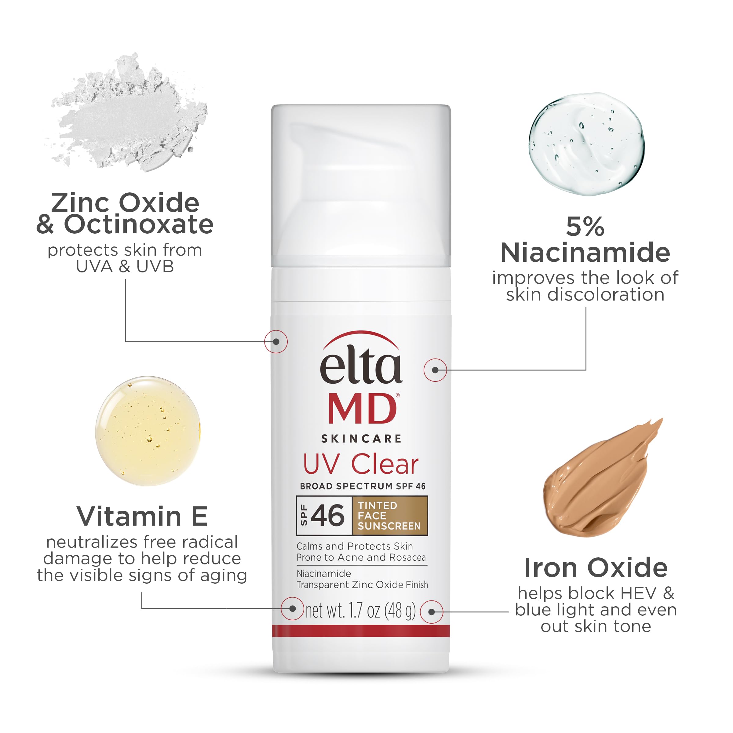 Eltamd Uv Clear Tinted Sunscreen For Face - Deep Tinted Spf 46 With Zinc Oxide, Oil-Free, Dermatologist Recommended, 1.7 Oz (Pac