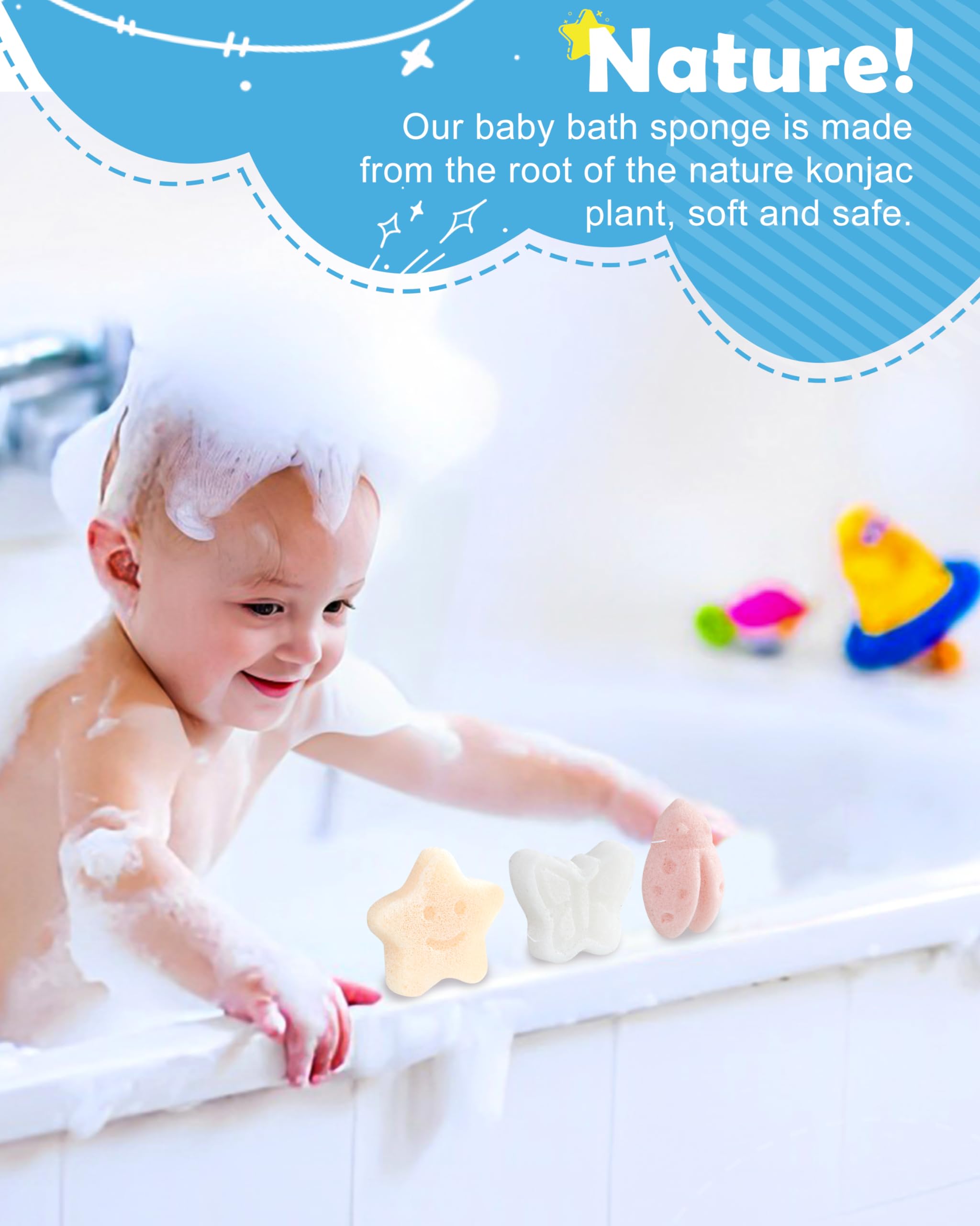 Mohern Konjac Baby Sponge For Bathing, 3Pcs Natural Cute Shapes, Kids Bath Sponges For Infants, Toddler Bath Time, Plant-Based,