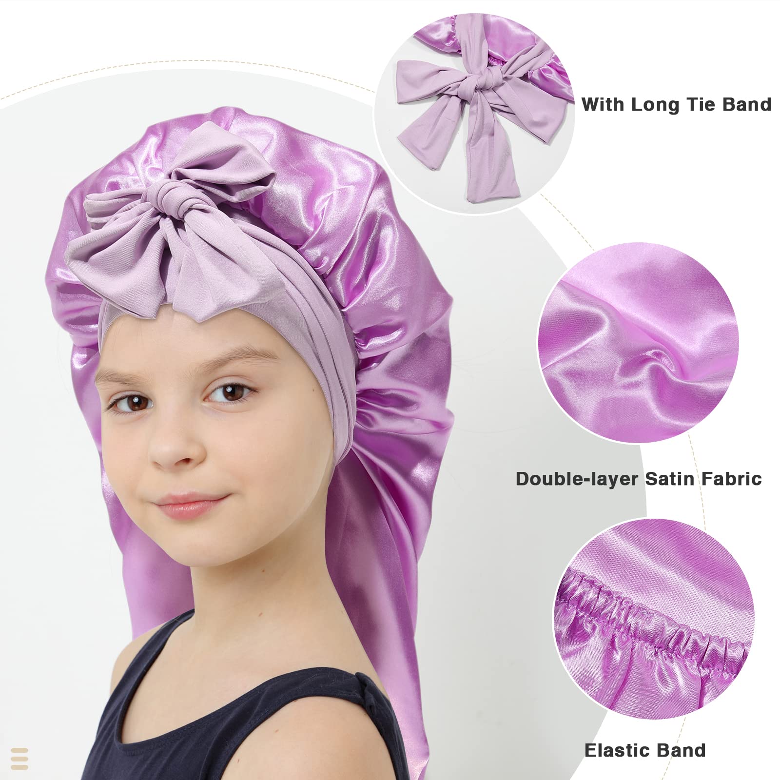 Kids Long Hair Bonnet For Sleeping - Double Layer Girls Elastic Satin Bonnet With Tie Band For Braid Curly Hair (Little Purple)