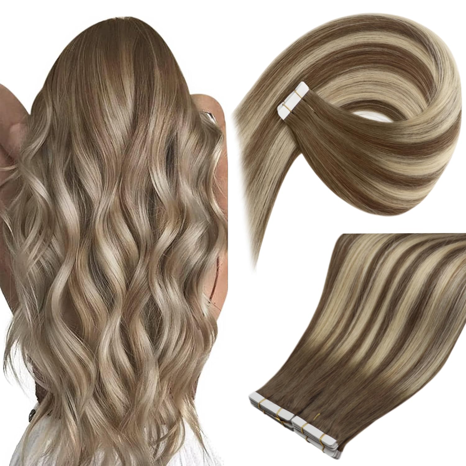 Ve Sunny 22Inch Tape In Hair Extensions Human Hair Brown Ombre Tape On Human Hair Extensions Balayage Medium Brown Ombre Platinu