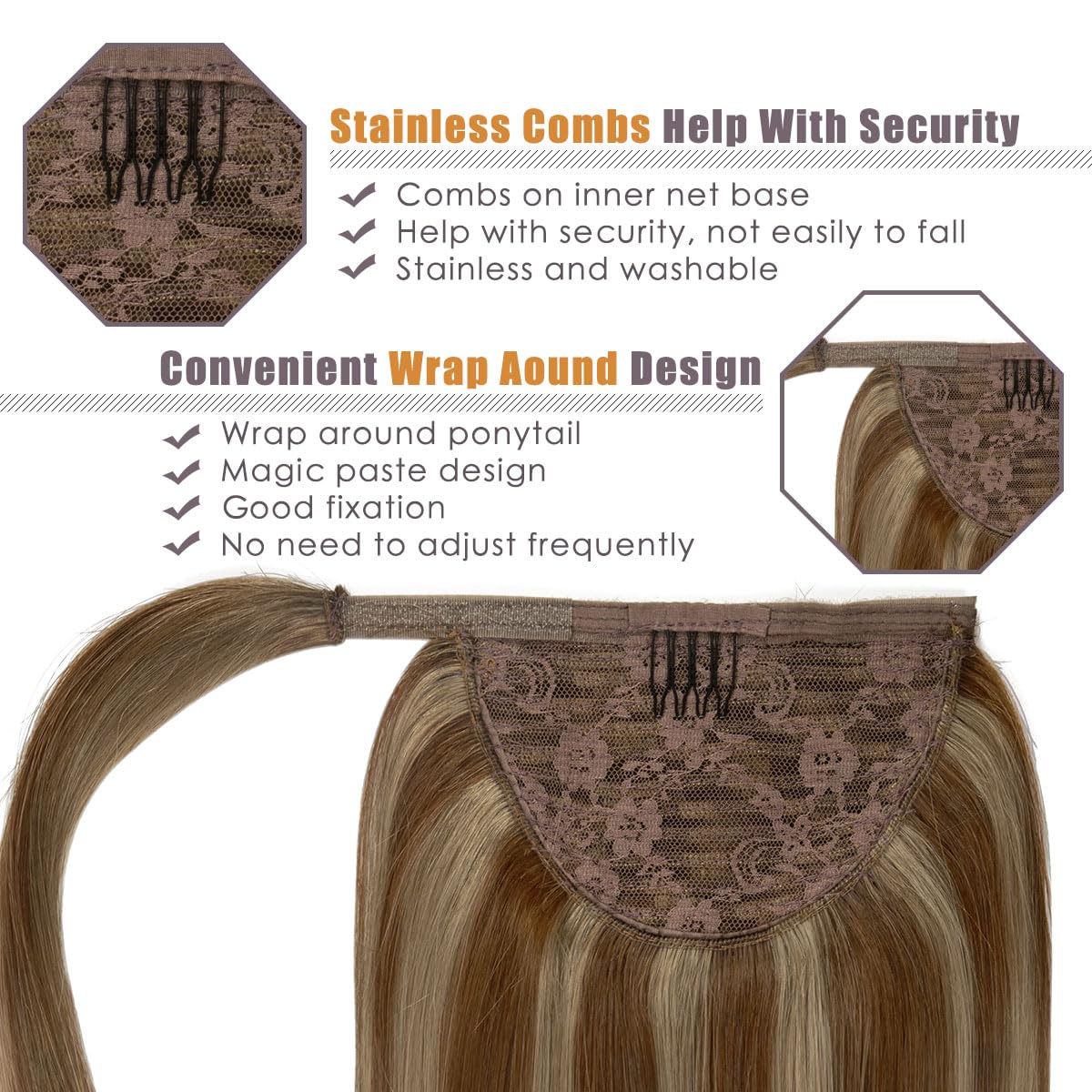Lacer Ponytail Extension Human Hair Dark Brown With Light Brown Highlight Hair Extensions Wrap Around Ponytail For Girls Long 18