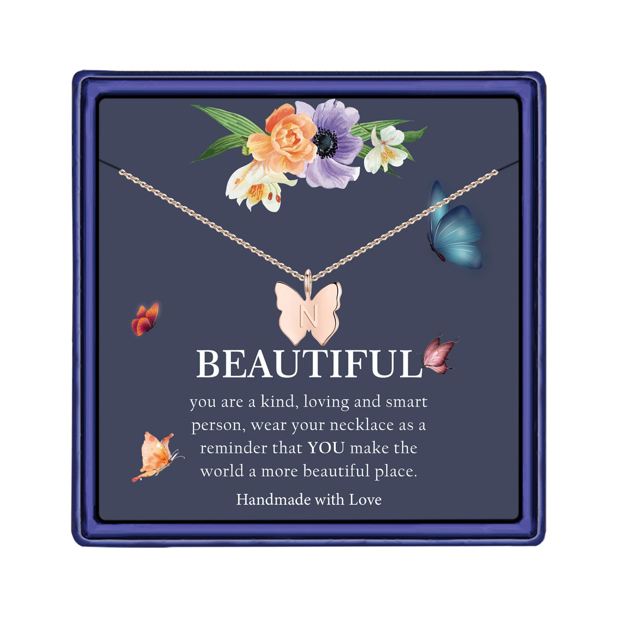 Hidepoo Initial Butterfly Necklace for Women Girls - Dainty 14K Rose Gold Filled Letter N Alphabet Butterfly Pendant Necklace De