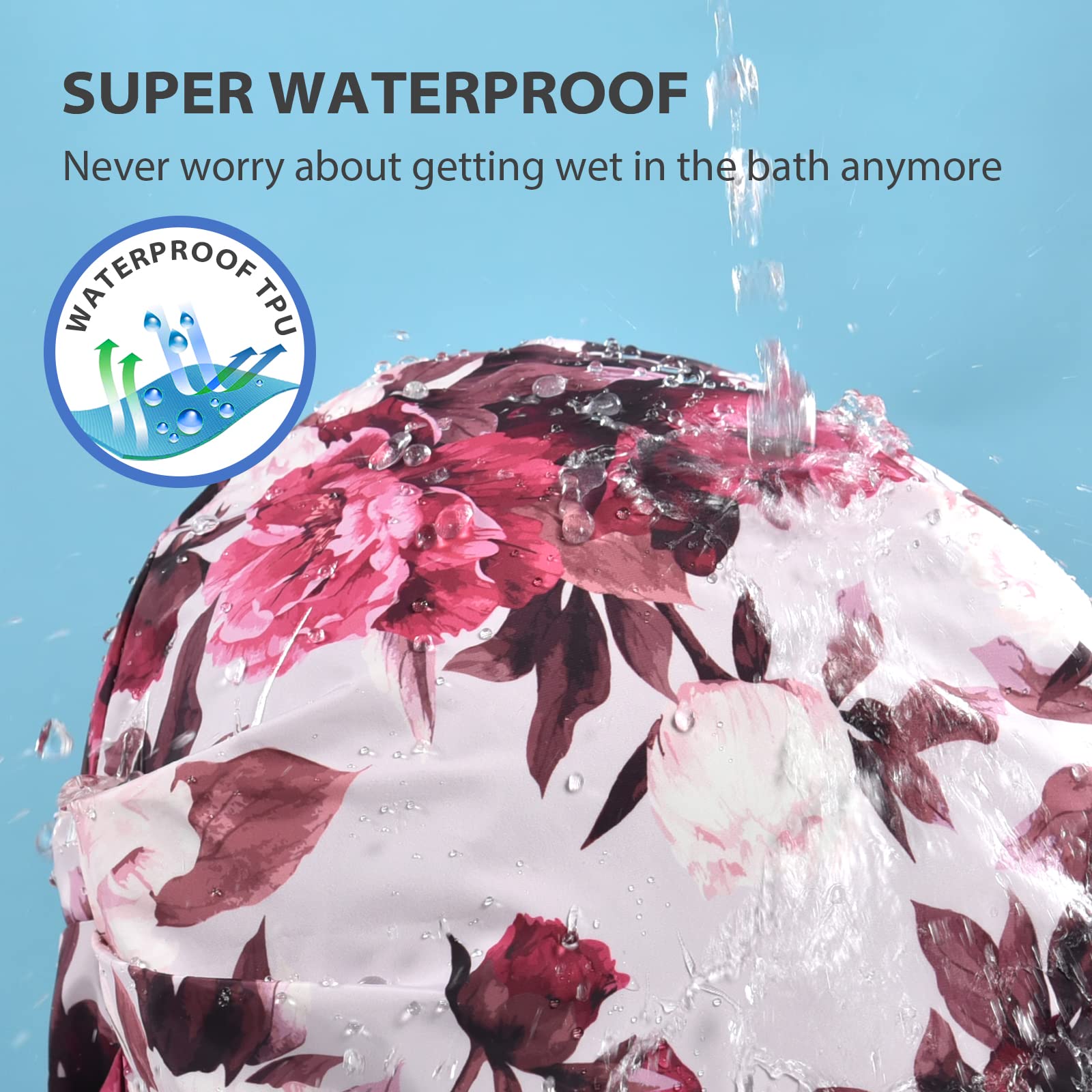 Innelo Luxury Shower Cap For Women Reusable Waterproof, Double Layered Shower Hair Cap With Adjustable Elastic Strap, Large Sati