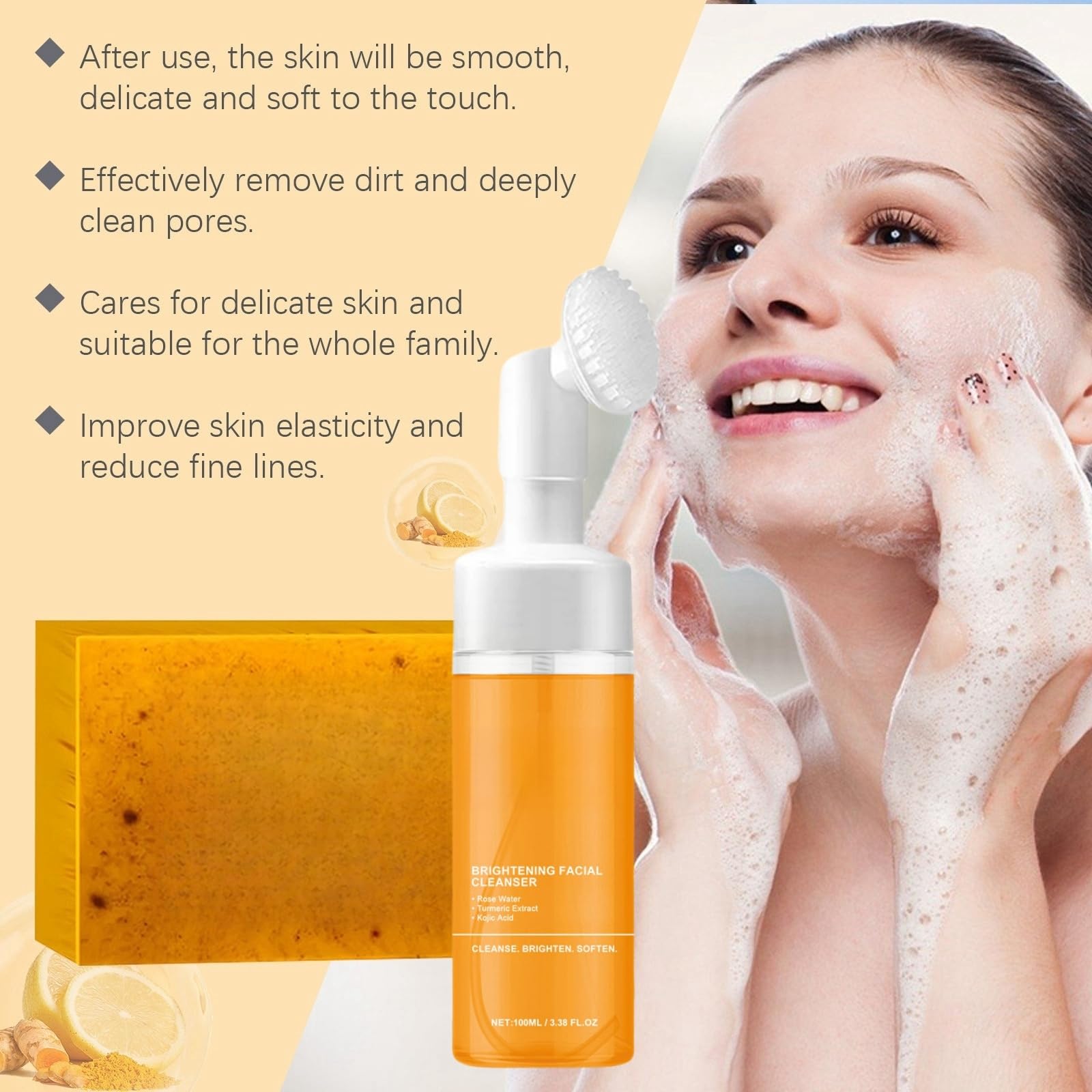 Turmeric Wash and Care Two Piece Set, Tuemeric Facial Cleanser & Turmeric Soap Combo, Turmeric Cleansing Mousse, Turmeric Face W