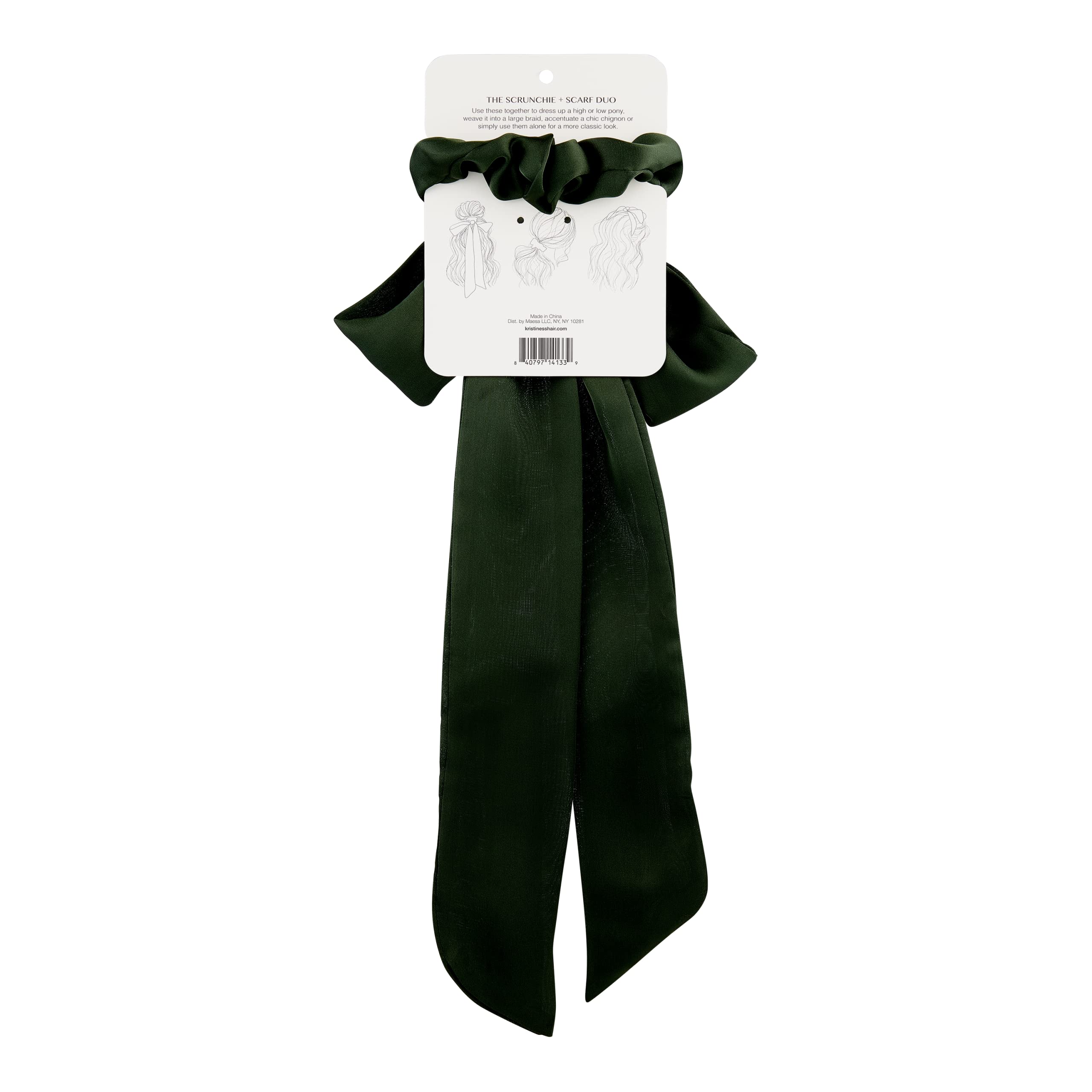 Kristin Ess Hair Scrunchie Set - Emerald, Satin Hair Accessory for Women and Girls, Gentle on Hair, Flexible Elastic, Sleep/Nigh