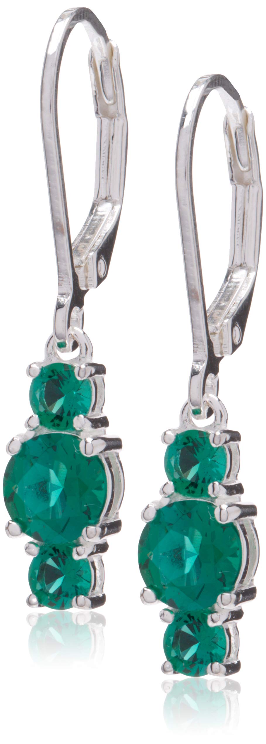 Amazon Essentials Sterling Silver Created Emerald 5mm and 3mm Three Stone May Birthstone Leverback Dangle Earrings (previously A