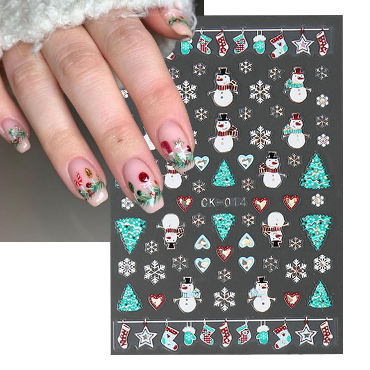 6 Sheets Christmas Nail Art Stickers Luxury Laser Christmas Nail Decals 3D Self-Adhesive Nail Supplies Xmas Tree Snowman Santa S
