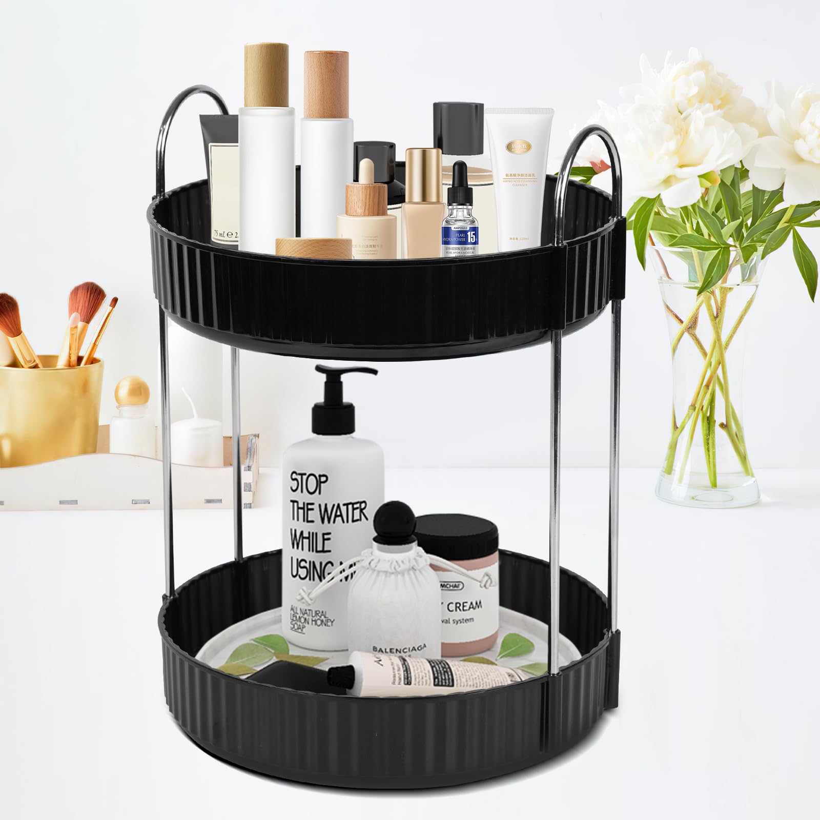 Zufudo Rotating Makeup Organizer Countertop 2 Tier Lazy Susan Trays Spinning Skincare Perfume Storage For Bathroom Counter Vanit