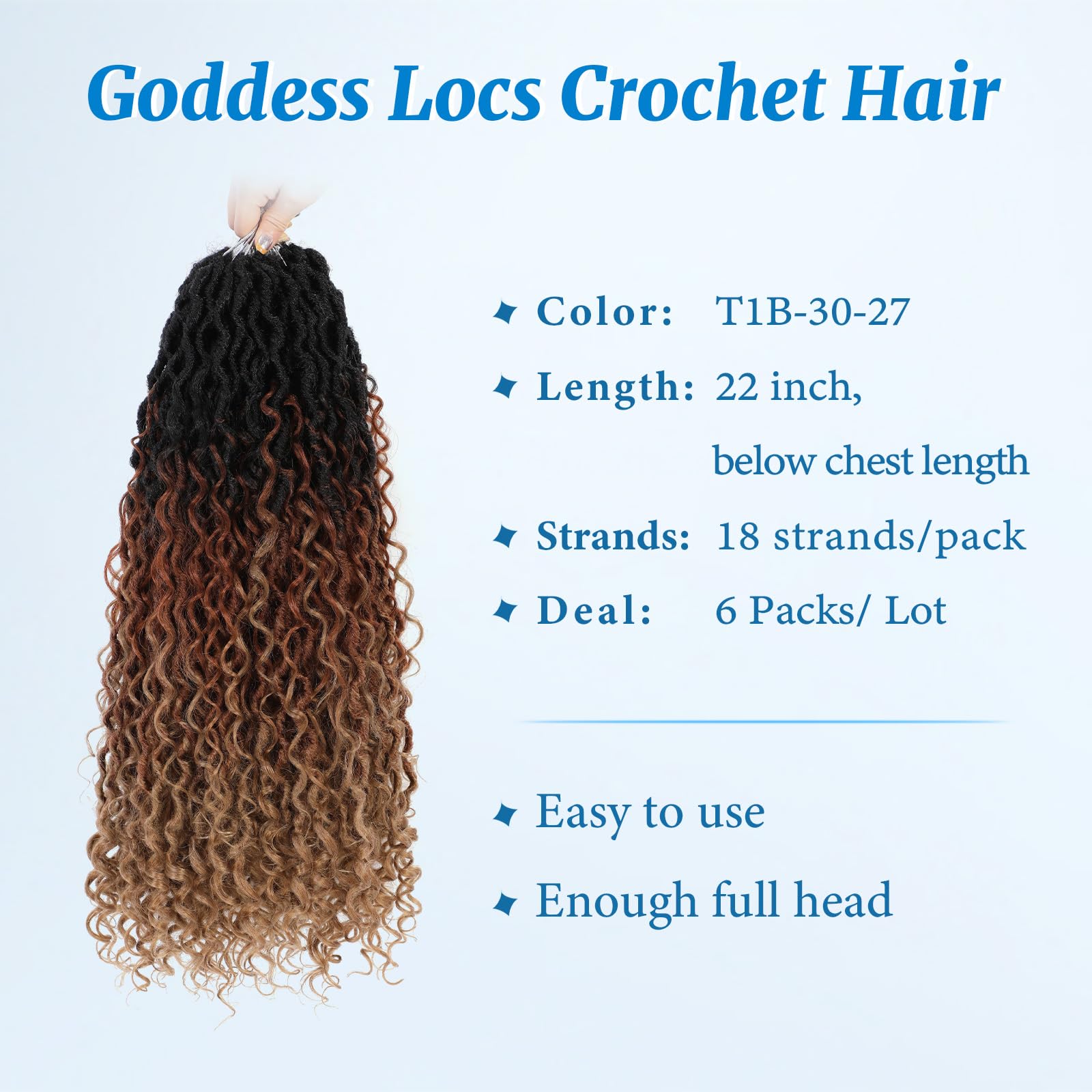 Forevery Goddess Locs Crochet Hair 22 Inch Faux Locs Crochet Hair 6 Packs Pre-Looped Crochet Hair For Black Women Boho Locs With