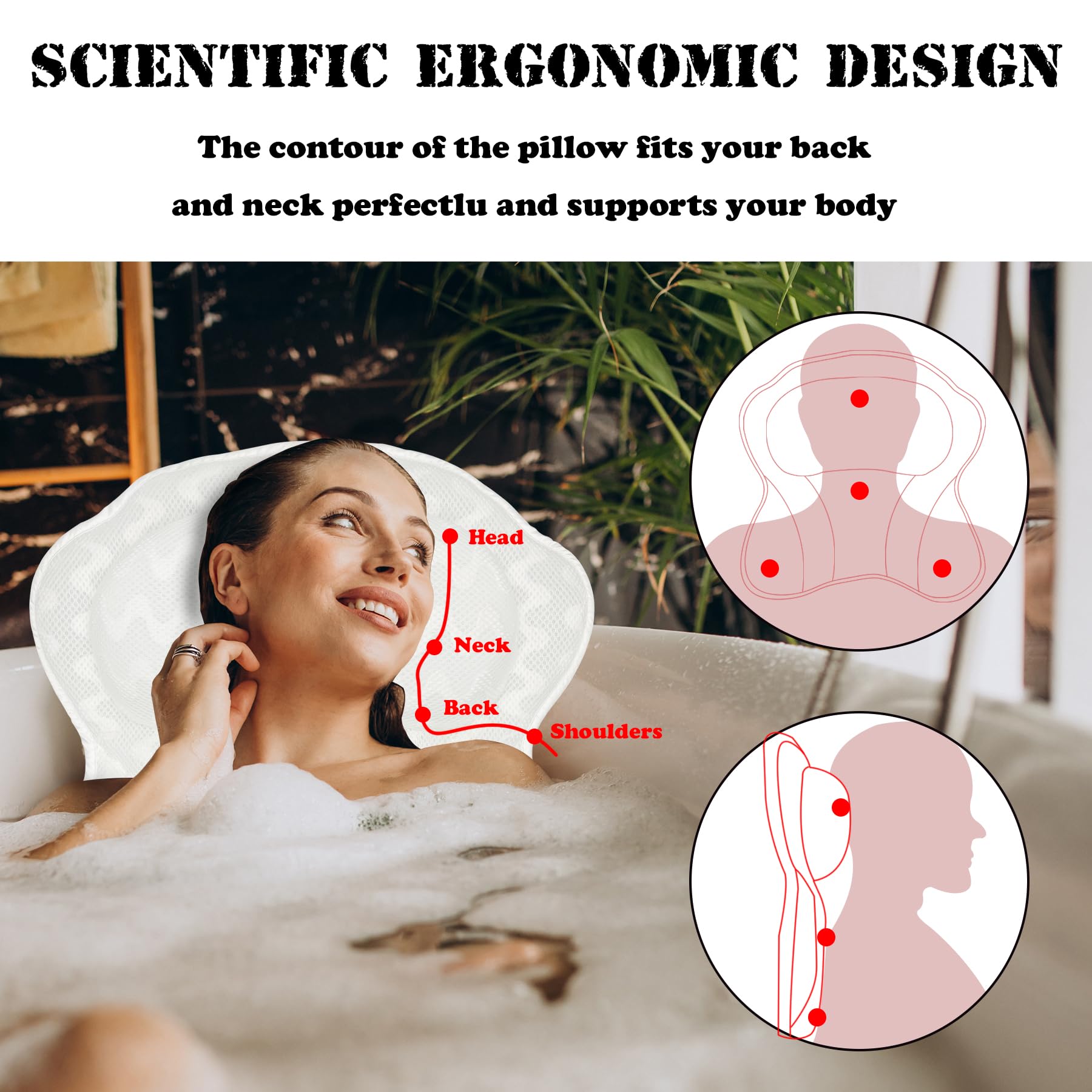 Bath Pillow Spa Bathtub Ergonomic For Tub, Neck, Head, Shoulder Pillows Support Cushion Headrest,Strong Grip Suction Cups Soakin