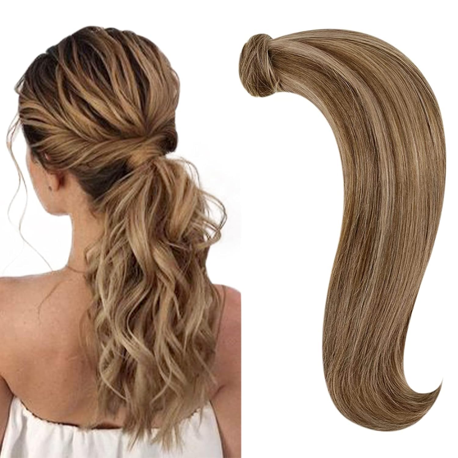 RUNATURE Blonde Human Hair Ponytail Extension 16 Inch Straight Clips Ponytail Hair Extensions Human Hair Thick Dark Blonde with 
