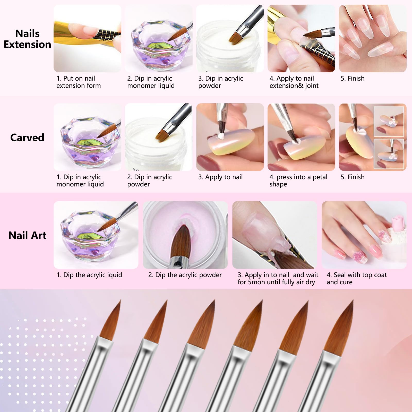Acrylic Nail Brush Dappen Dish Set - 6Pcs Acrylic Nail Brush And 2Pcs Crystal Dappen Dish With Lid For Acrylic Nails, Monomer Di