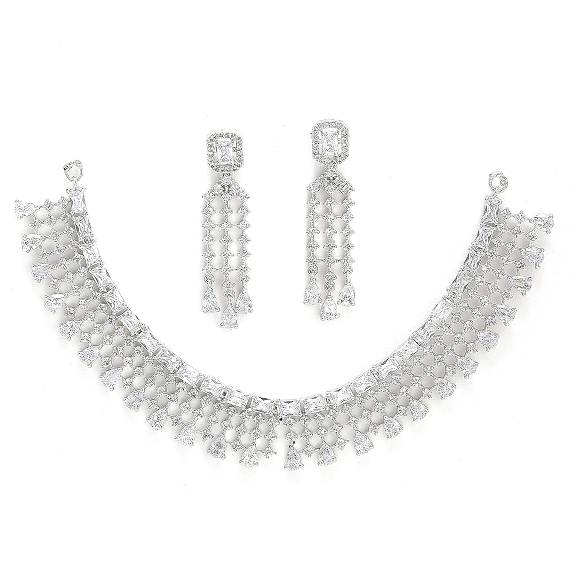 ZENEME Jewellery American Diamond Floral Design Choker Necklace Set With Earring For Women and Girls (White Rhodium)