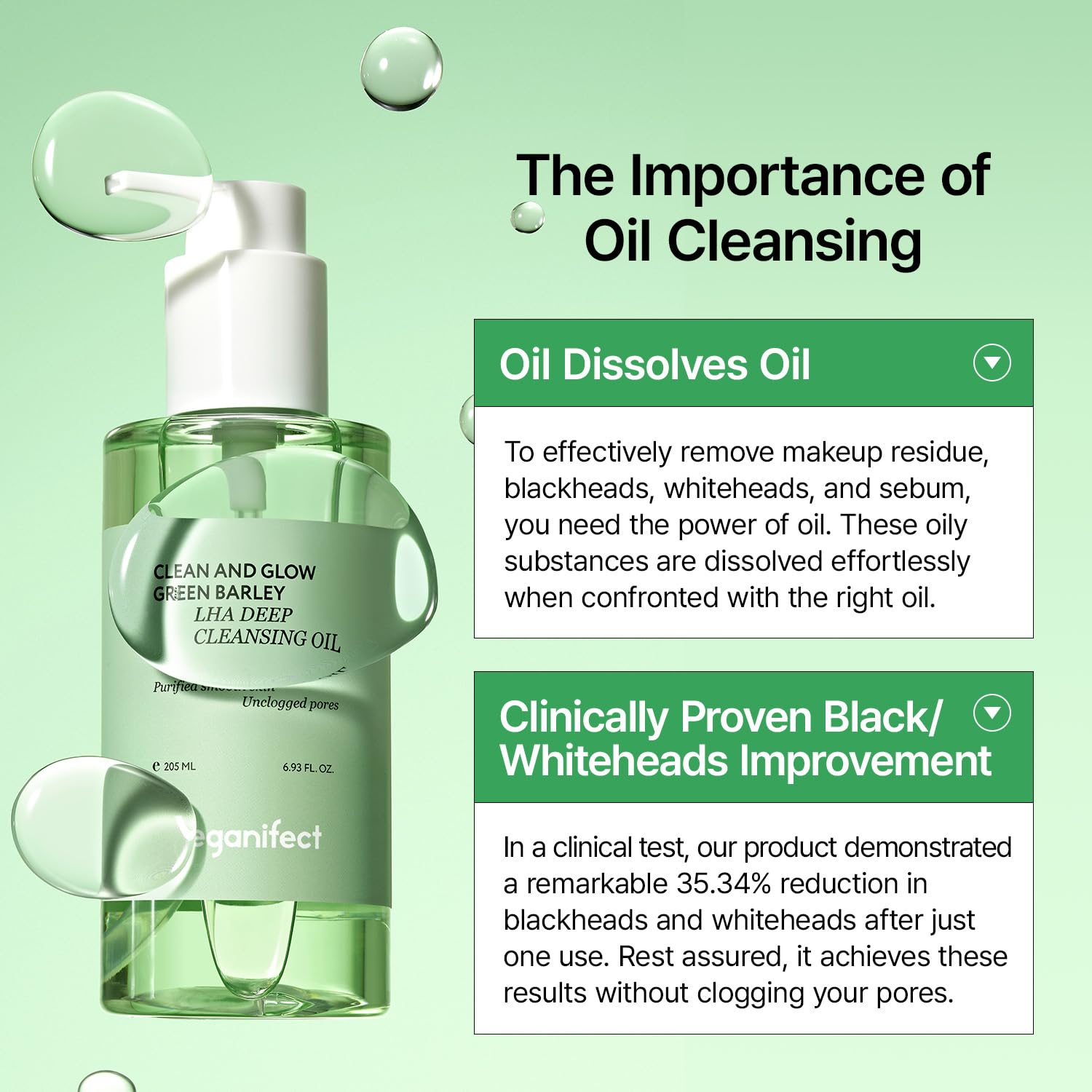 Veganifect Clean And Glow Green Barley Lha Deep Cleansing Oil, Vegan Certified, Removing Heavy Makeup, Blackhead And Whitehead,