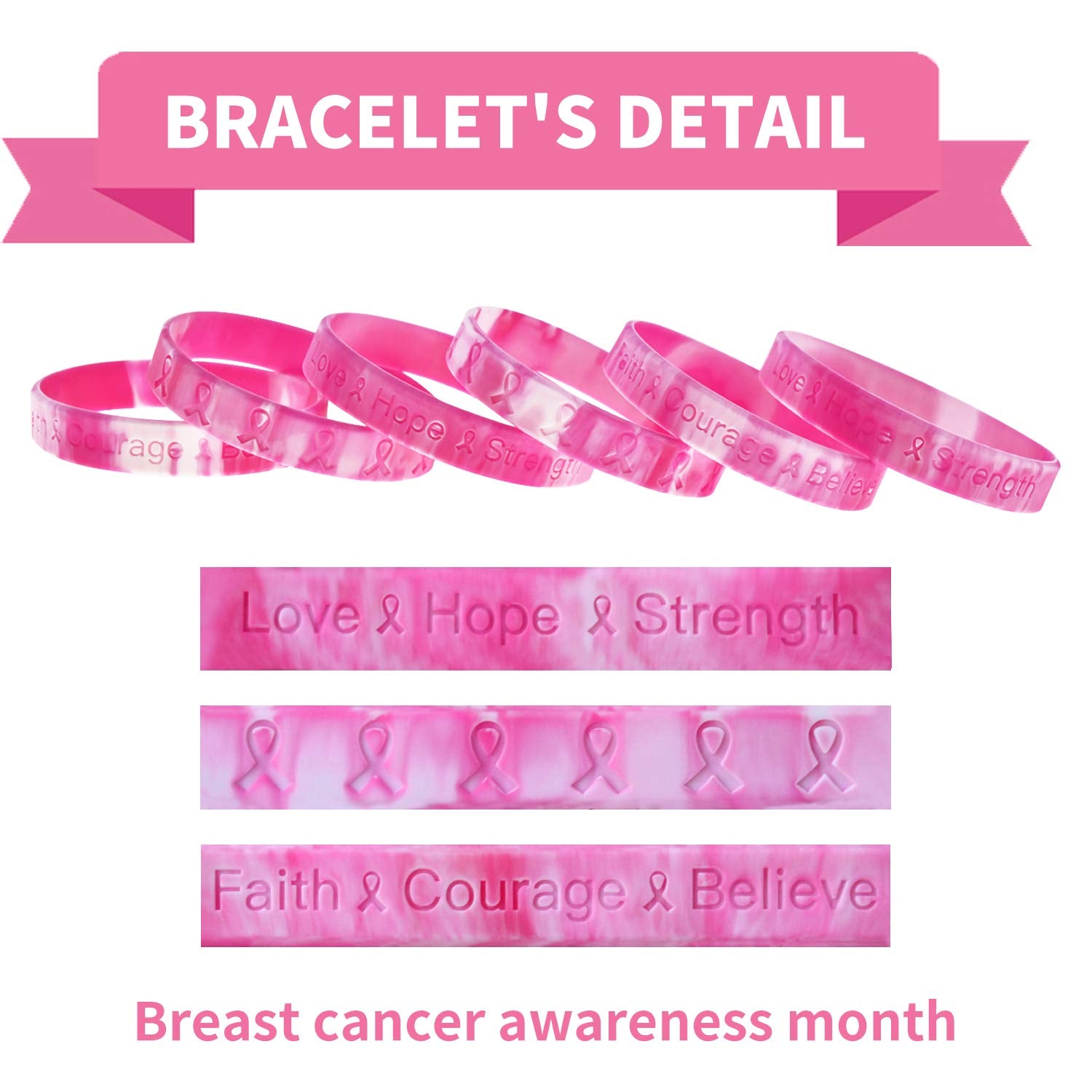 Bundle of 48 Pcs Die Cut Pink Ribbon Stickers and 48 Pcs Pink Ribbon Camouflage Breast Cancer Awareness Bracelets in 2 designs,