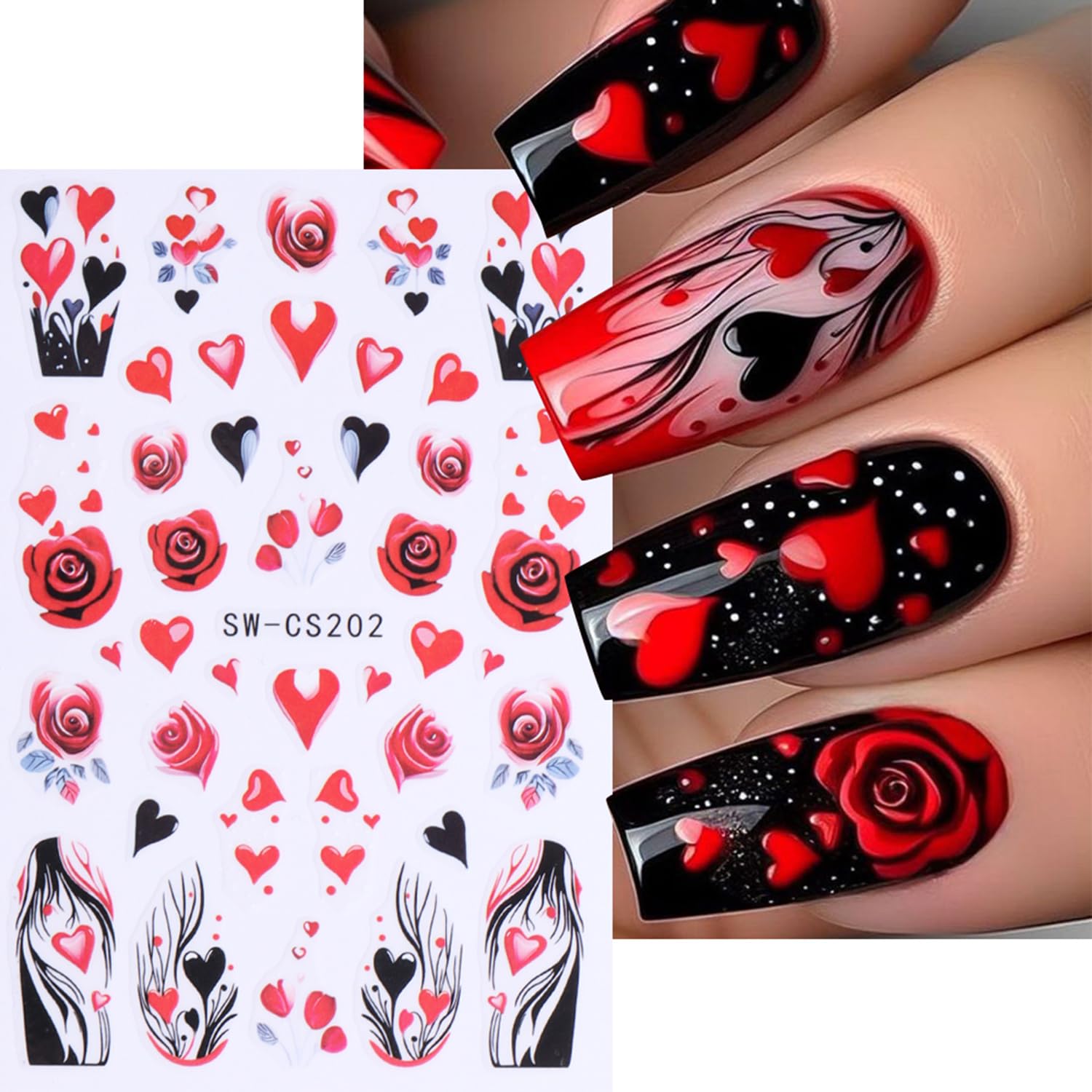 6 Sheets Valentines Day Nail Art Stickers 3D Self Adhesive Hearts Rose Love Car Nail Decals Romantic Design Acrylic Nail Sticker