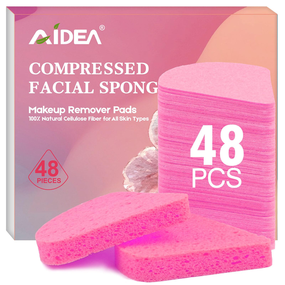 48Count Pink Compressed Facial Sponges, AIDEA Disposable Face Sponges, Natural Cellulose Cosmetic Spa Sponges for Facial Cleansi