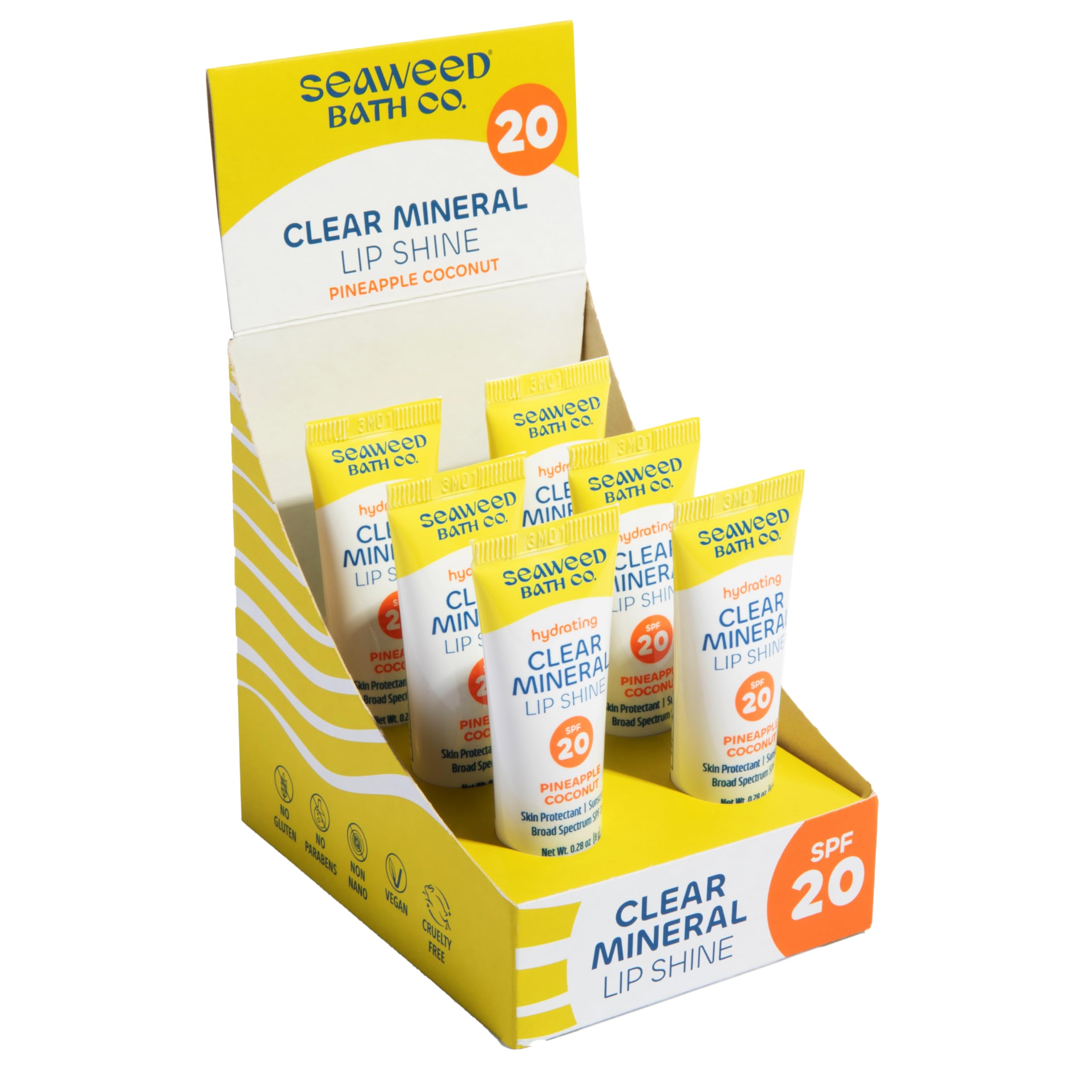 Seaweed Bath Co. Hydrating Clear Mineral Lip Shine Spf 20 Sunscreen Zinc Oxide Lip Balm, 0.28 Oz (6 Pack), Moisturizing Care For