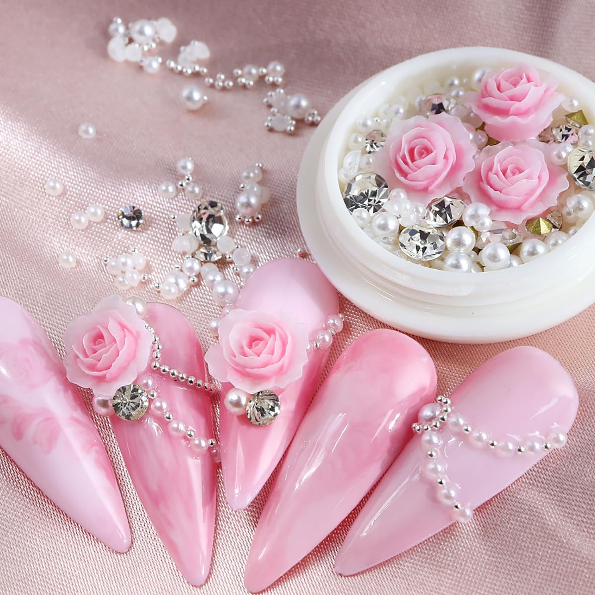 Pink Rose Flower Nail Art Charms With Rhinestone Decoration Mixed Pearls Gems Glitter Diamond Crystal Nail Ornaments For Valenti