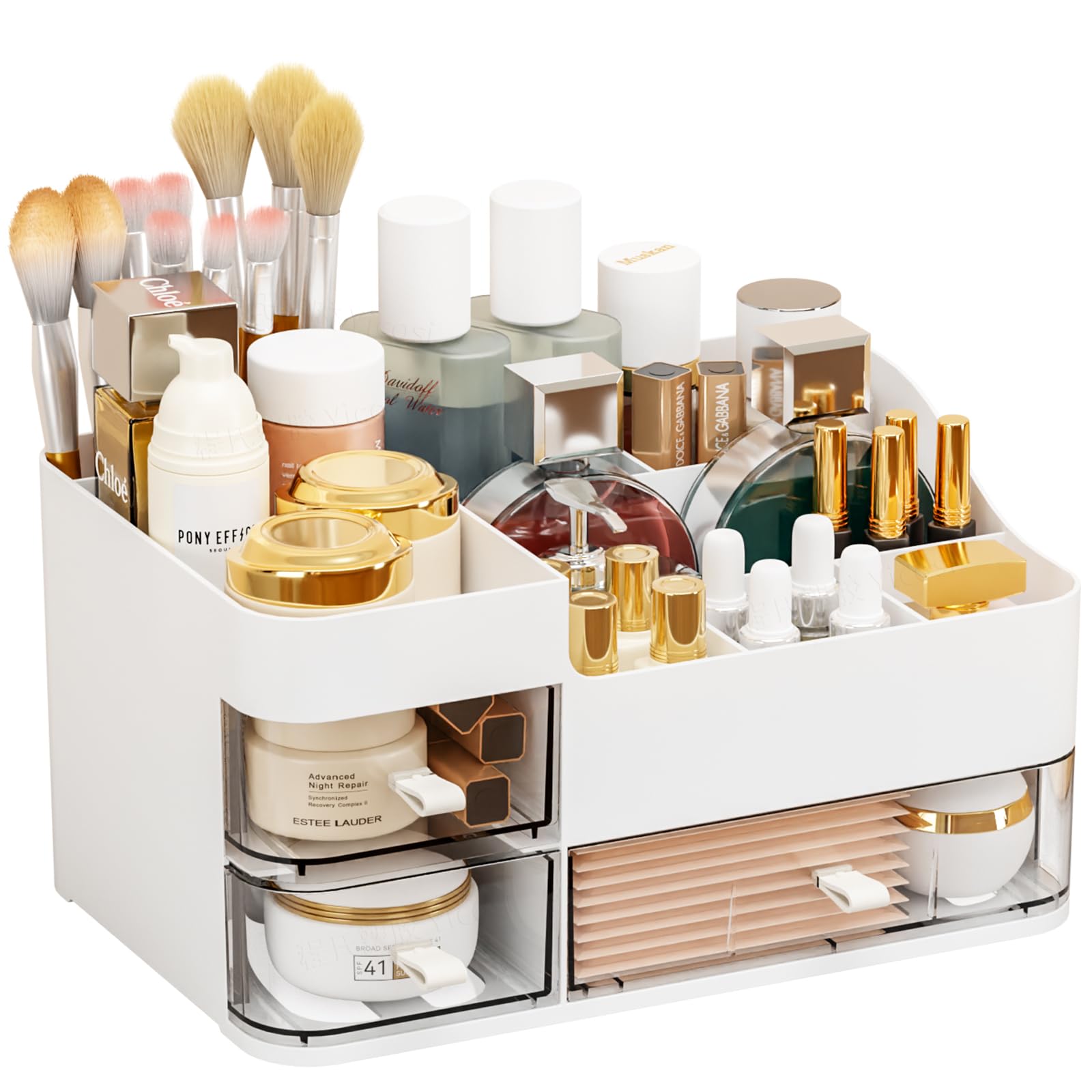 White Makeup Organizer And Storage For Vanity,Large 3 Drawers Dresser Top Skincare Organizer,Cologne Perfume Storage,Plastic Cos