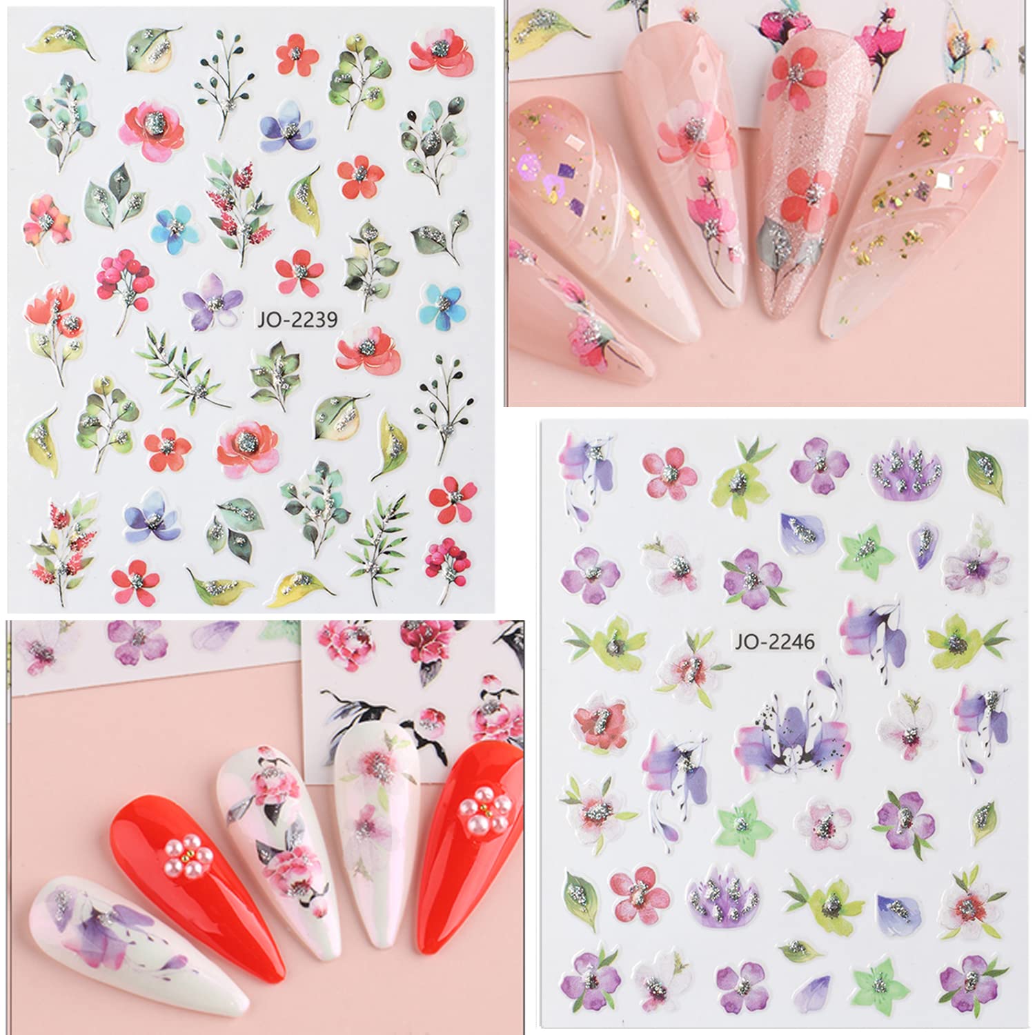 Zoance Flowers Nail Art Sticker Dacals, Holographic Nail Glitter Design Nail Stickers Floral Spring Nail Decals 3D Self-Adhesive