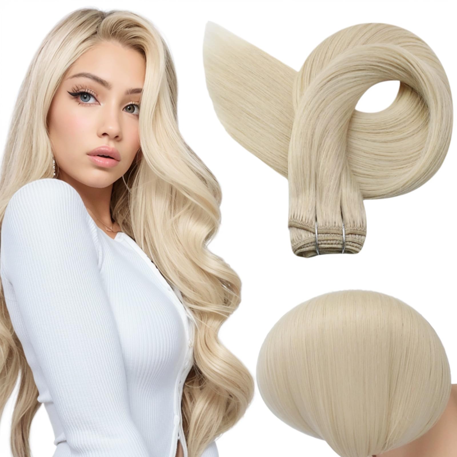Full Shine Straight Human Hair Weft Hair Extensions 18 Inch Color 60 Platinum Blonde Remy Human Hair Weft Weave Hair Extensions