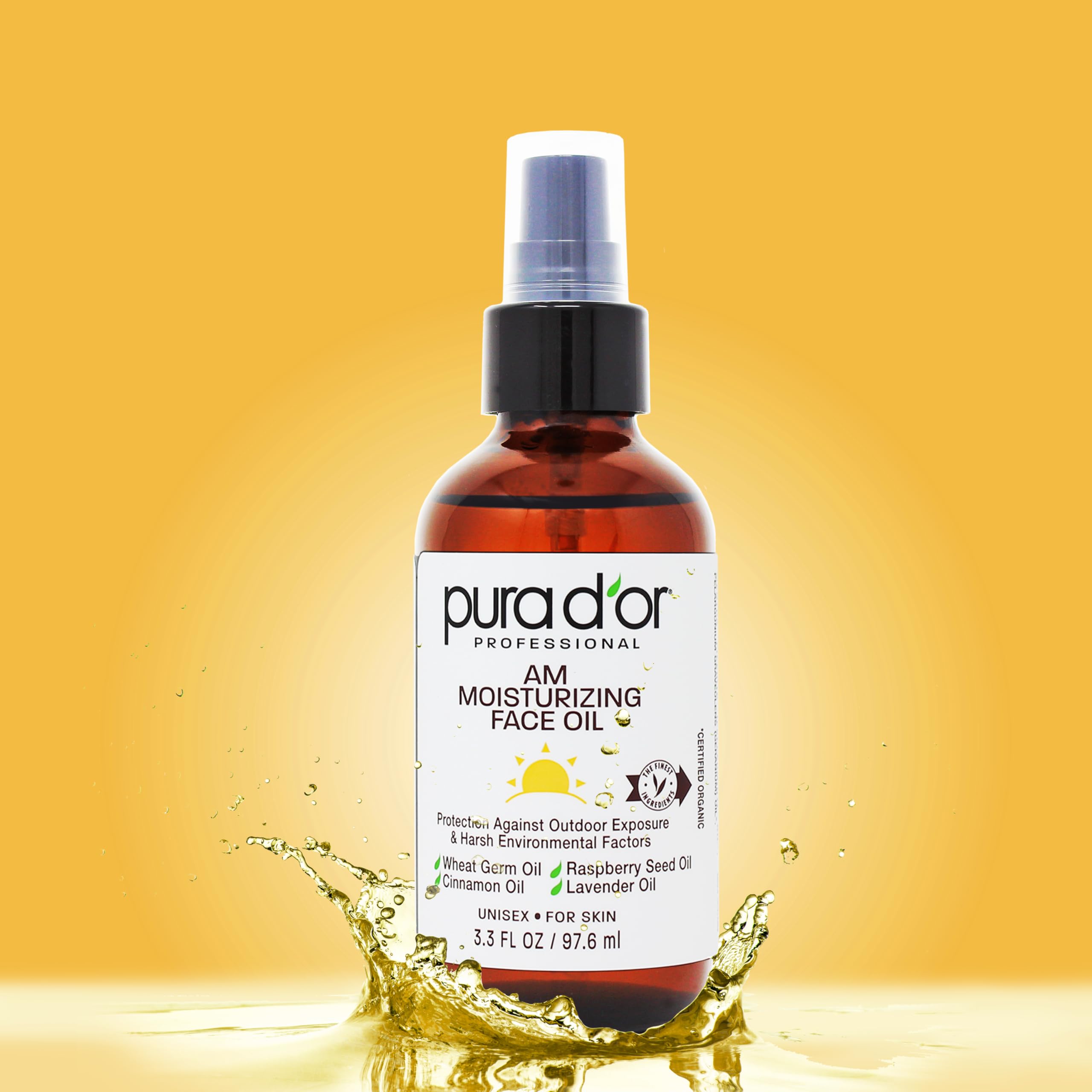 PURA D'OR 3.3 Oz ORGANIC AM Moisturizing Face Oil - Morning Glow Hydrating Skincare -Lightweight Moisturizer for Glowing Skin -