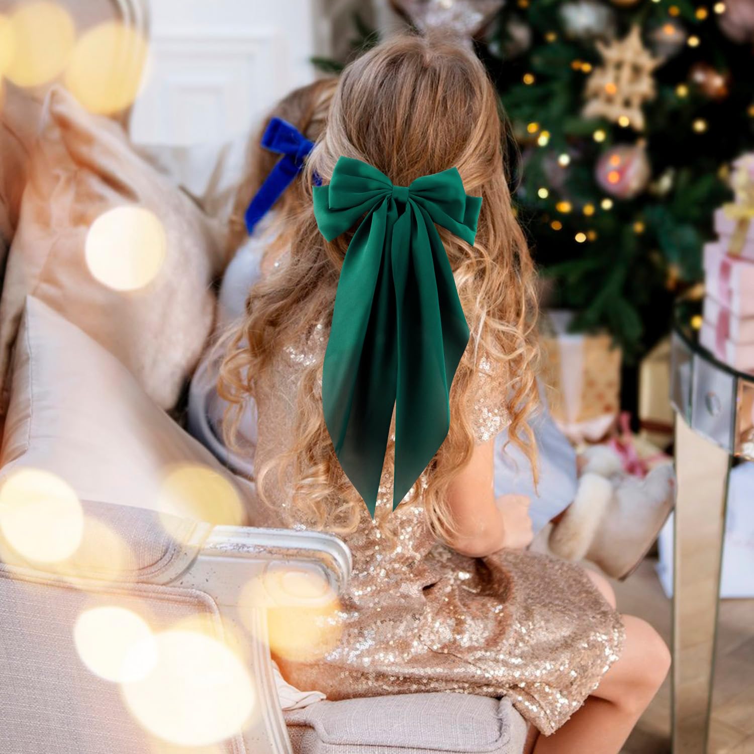 Atoden Silky Satin Green Oversized Bowknot Bow Hair Accessories: 2 Pcs Large Hair Barrettes With Long Tails, Metal Clips For Aes