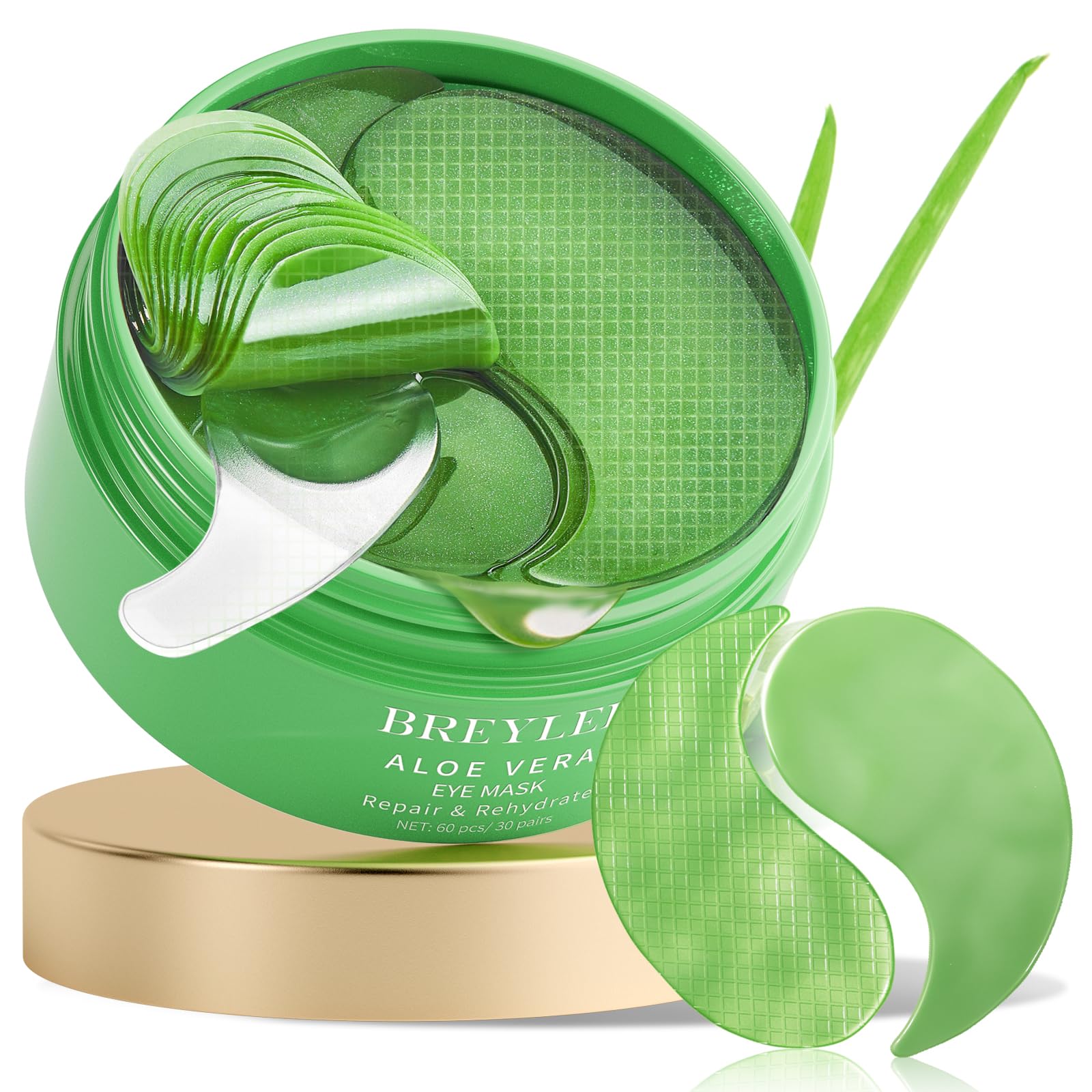 BREYLEE Aloe Vera Eye Masks - 60 Pcs - Reduce Puffy Eyes & Dark Circles, Firm & Improve Under Eye Skin, Pure Natural Extracts fo