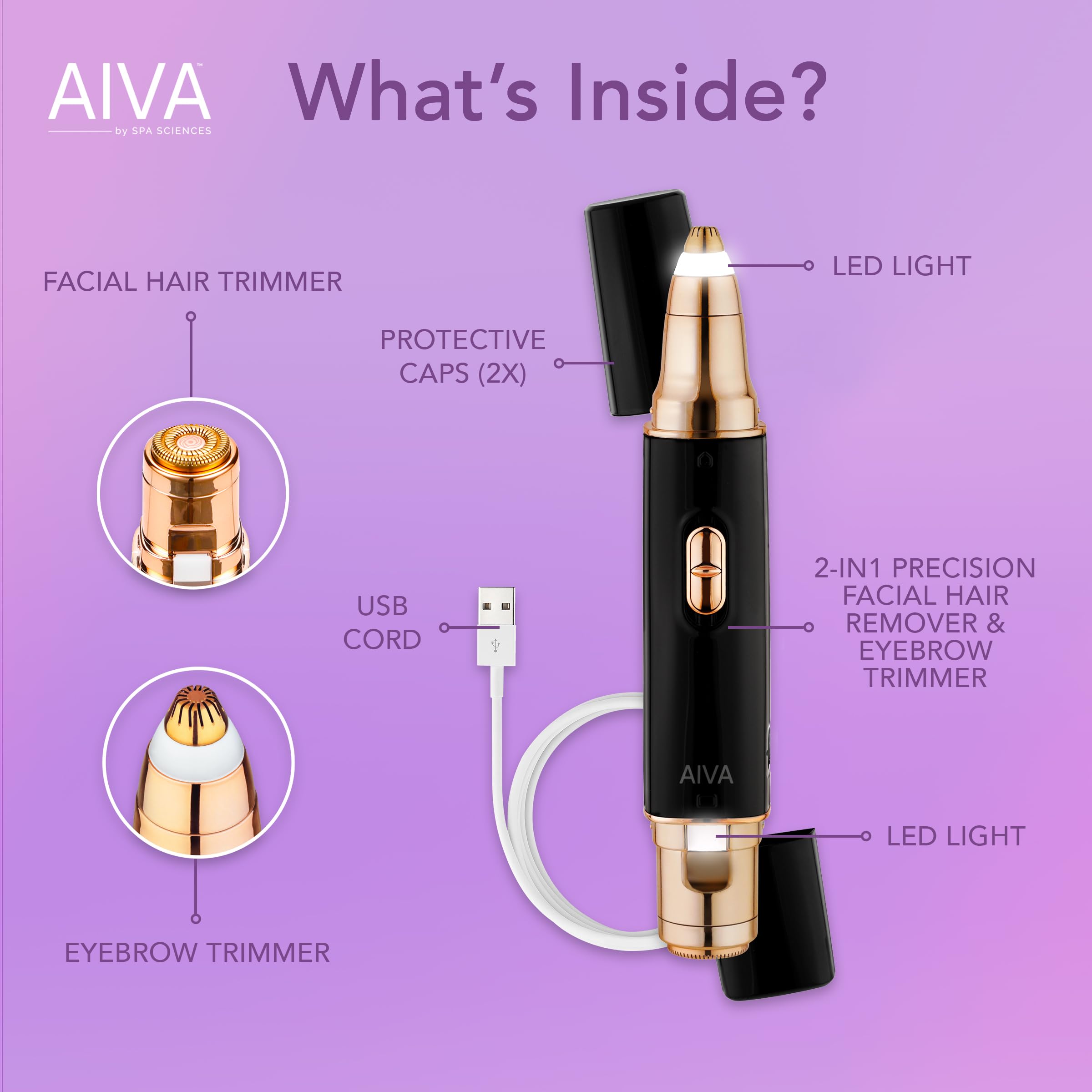 Spa Sciences Aiva: 2-In-1/Double Sided Facial Hair Remover & Eyebrow Trimmer Usb Rechargeable With Built-In Led Lights