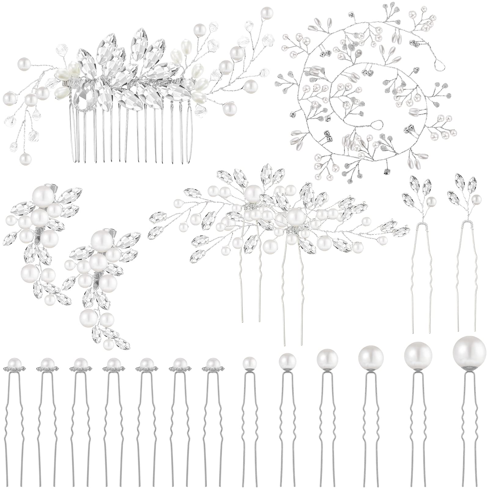 44 Pieces Wedding Hair Comb Faux Pearl Crystal Bride Hair Accessories Hair Side Comb Clips U-shaped Flower Rhinestone Pearl Hair