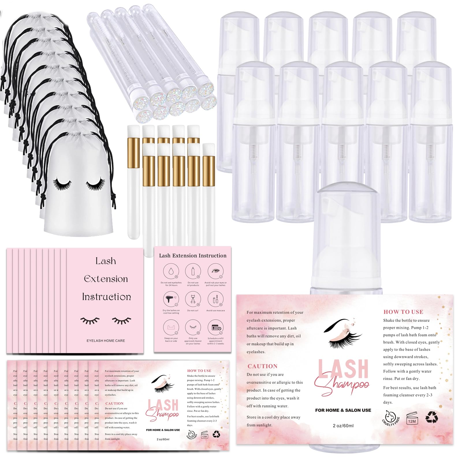 60Pcs Lash Shampoo Bottles And Brushes Set, 10Pcs Foam Pump Dispenser, Lash Cleaning Brush, Eyelash Extension Tube Brush, Instru