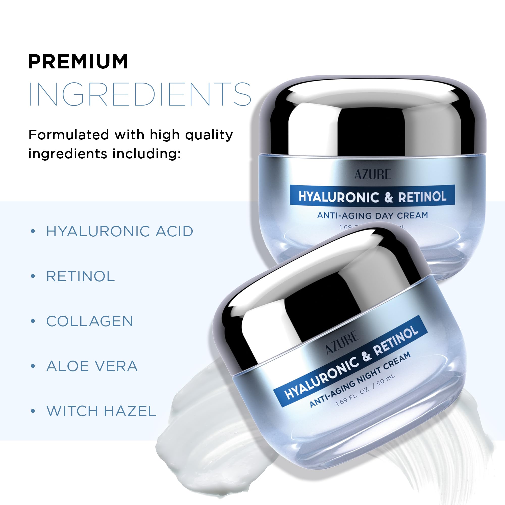 Hyaluronic Acid & Retinol Day/Night Cream Value Set - Rejuvenating, Anti Aging & Hydrating Face Moisturizer - Reduces Wrinkles &