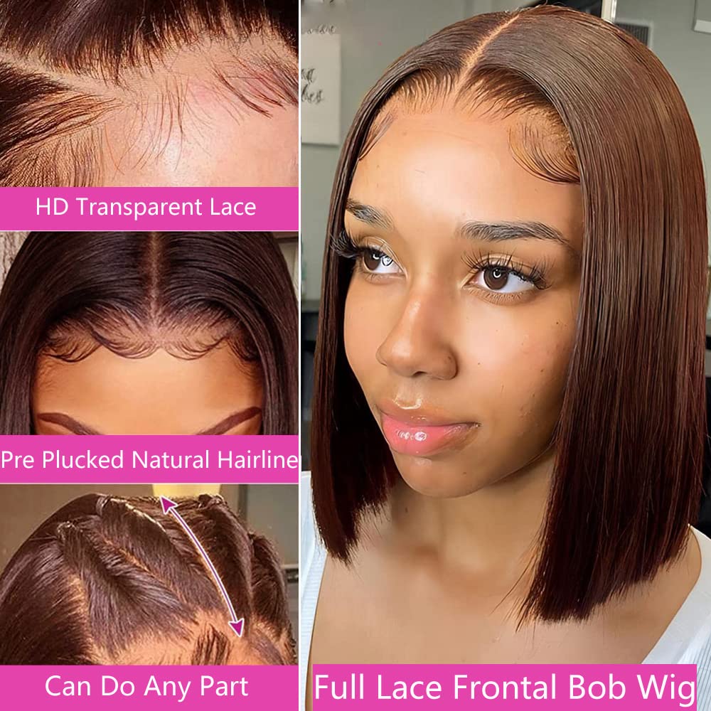 13X4 Straight #4 Brown Bob Wig Human Hair Glueless Lace Frontal Wigs Pre Plucked With Baby Hair 100% Unprocessed Hd Transparent