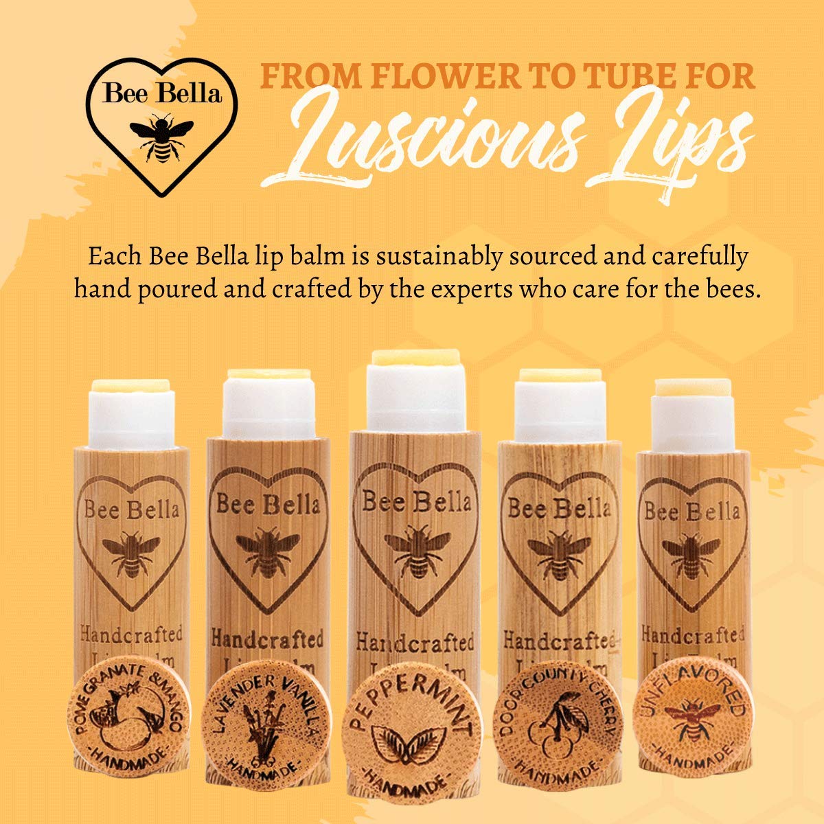 Bee Bella Lip Balm, Peppermint, 3 Pack - Hydrating, Moisturizing Lip Care, 100% Natural, Original Organic Beeswax With Vitamin E