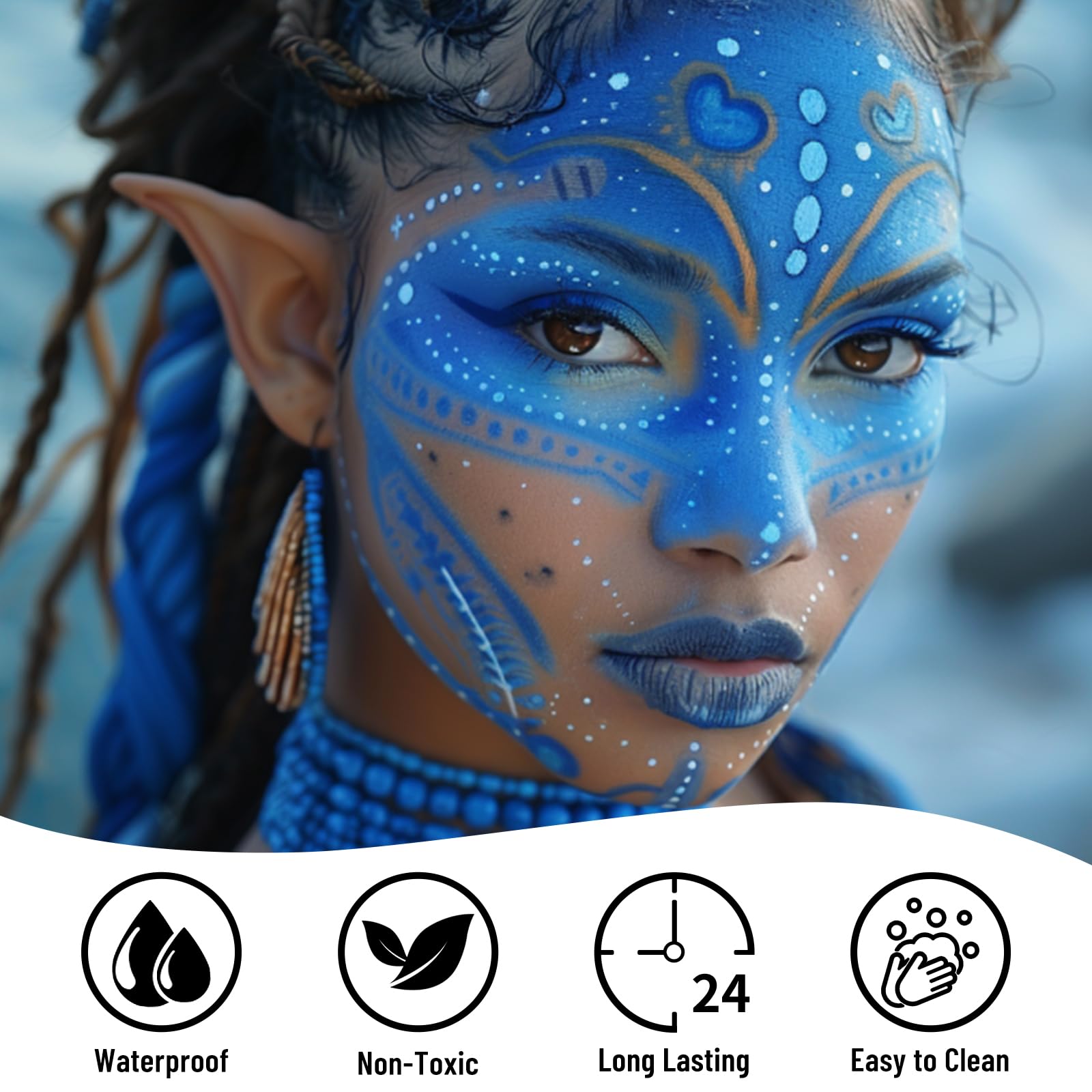 Bobisuka Halloween Face Paint Kit, Black White Blue Face Painting + Body Glitter Gel + Face Gems, Professional Washable Body Pai