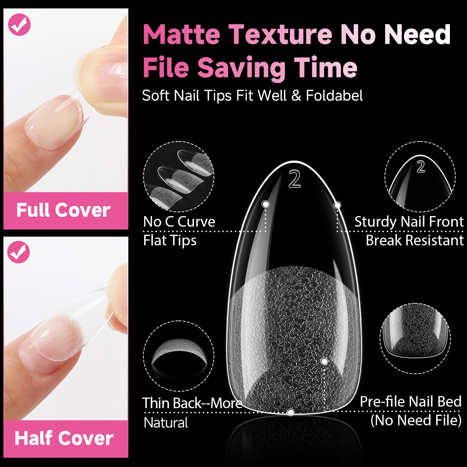 Una Gella 504Pcs Pointed Almond Nail Tips, Pre-Shape Almond Nail Tips Gel X Half Matte Full Cover Acrylic Almond Nails Clear Sof