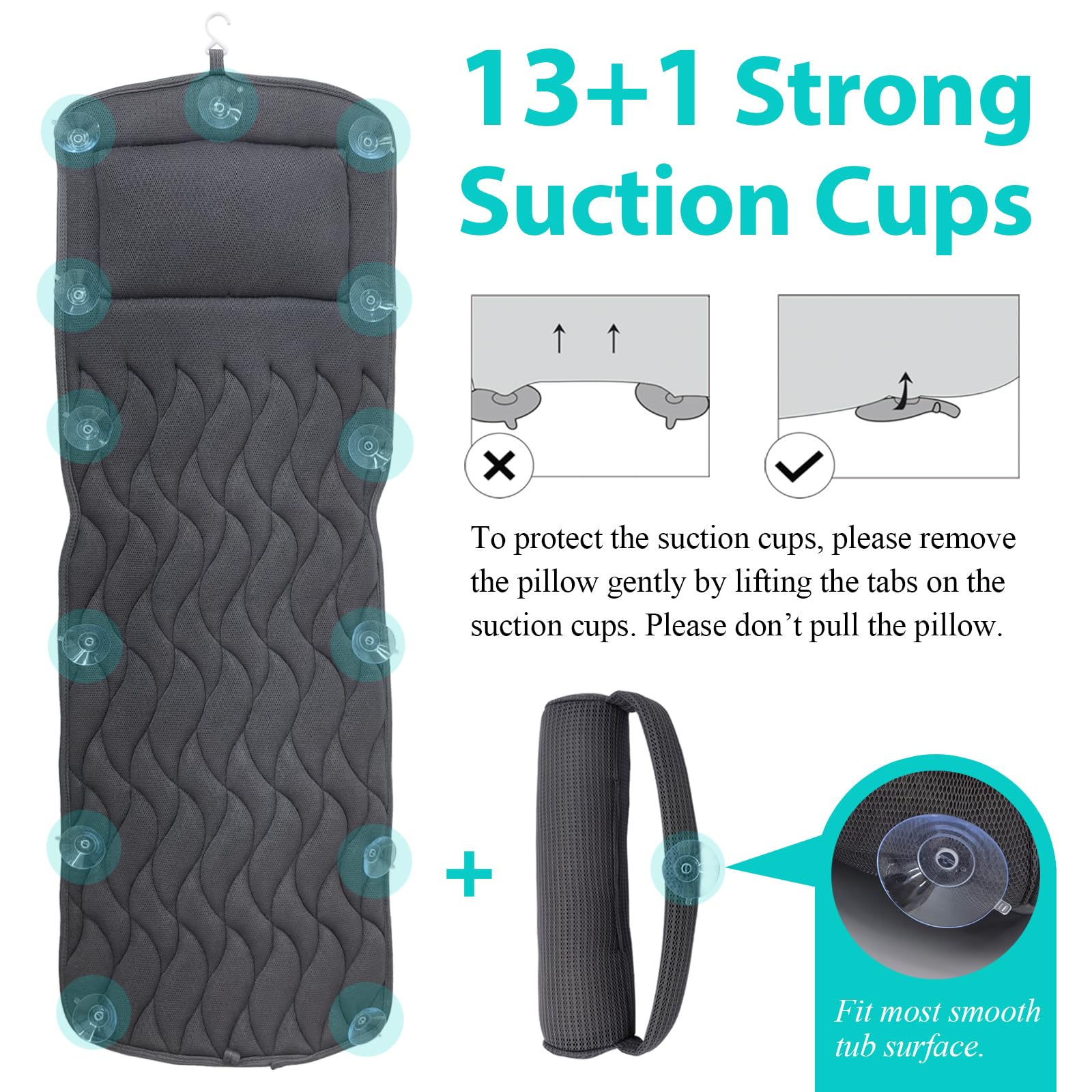 Full Body Bath Pillow With Adjustable Lumbar Roll Pillow Bathtub Cushion With 14 Suction Cups 3D Air Mesh Fit Any Tub Gray Bathr